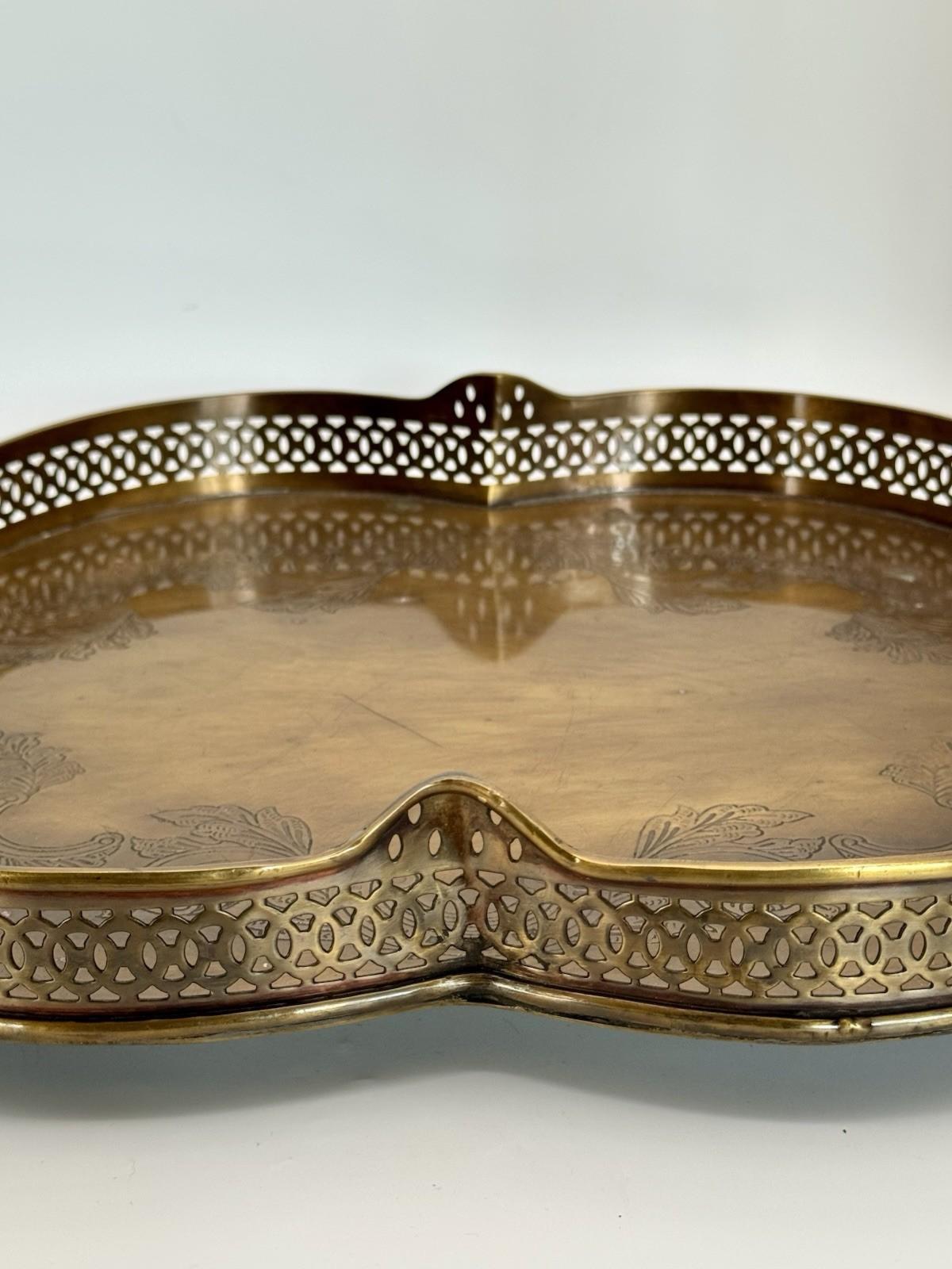 Vintage Tray Footed Gallery Brass AGED Handles Ornate Engraved Serving Tray
