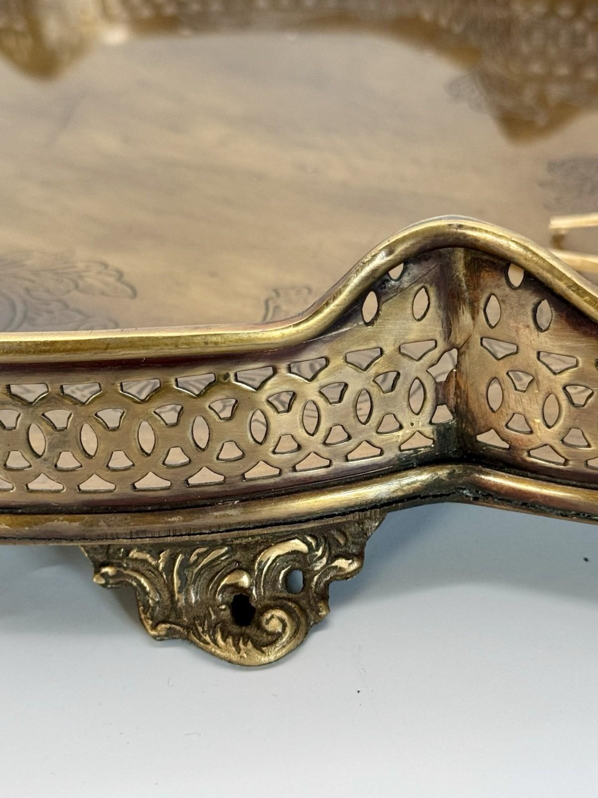Vintage Tray Footed Gallery Brass AGED Handles Ornate Engraved Serving Tray
