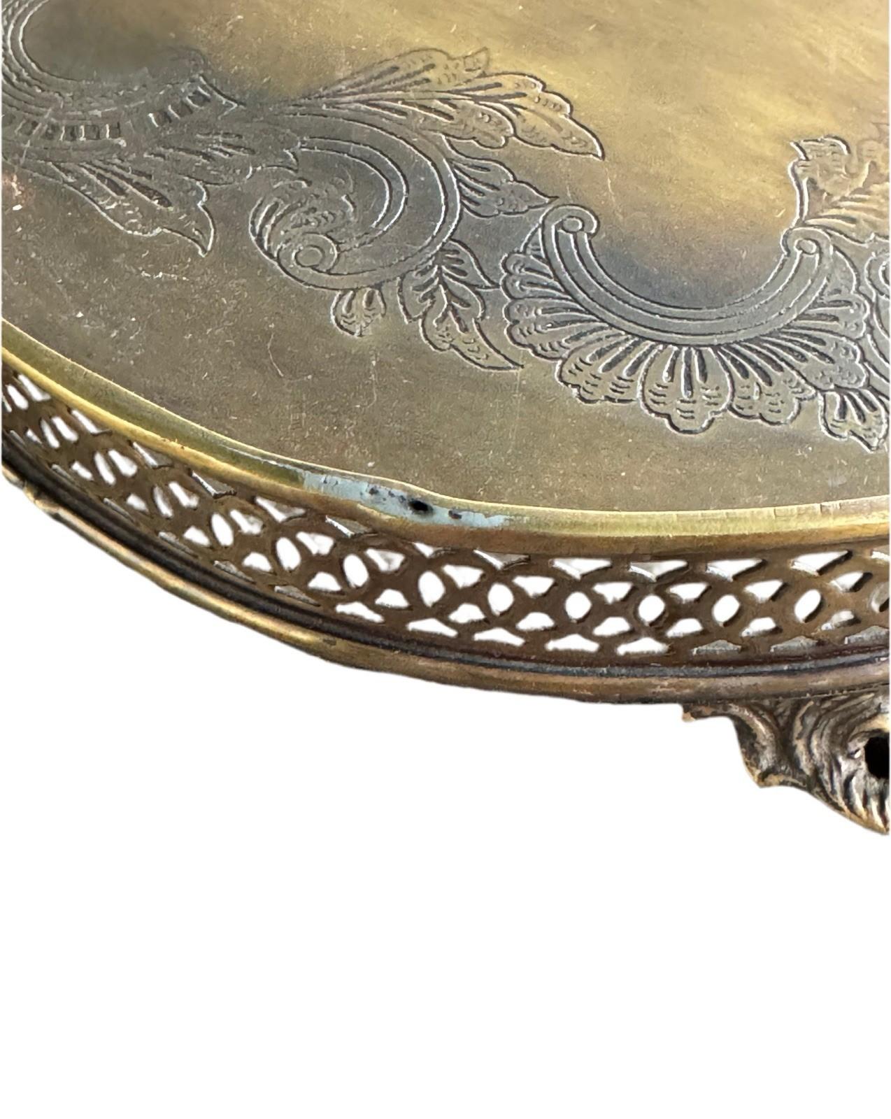 Vintage Tray Footed Gallery Brass AGED Handles Ornate Engraved Serving Tray