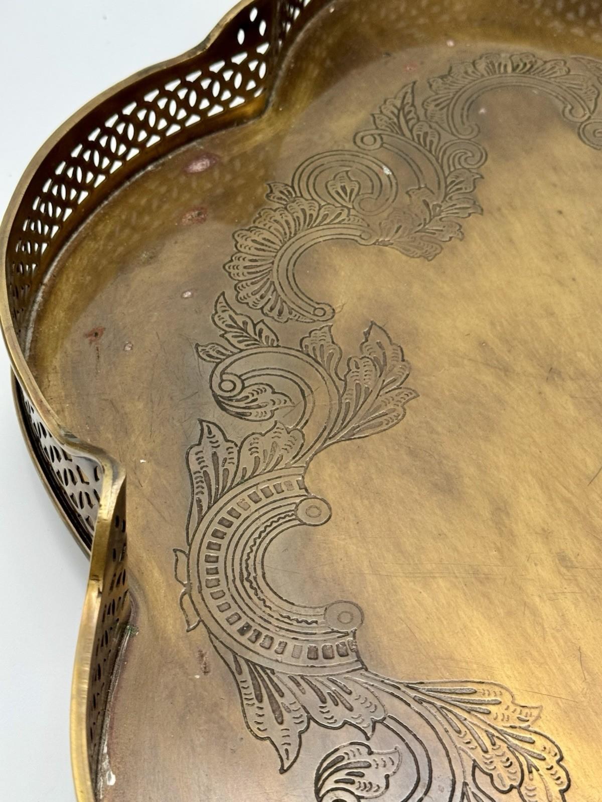 Vintage Tray Footed Gallery Brass AGED Handles Ornate Engraved Serving Tray