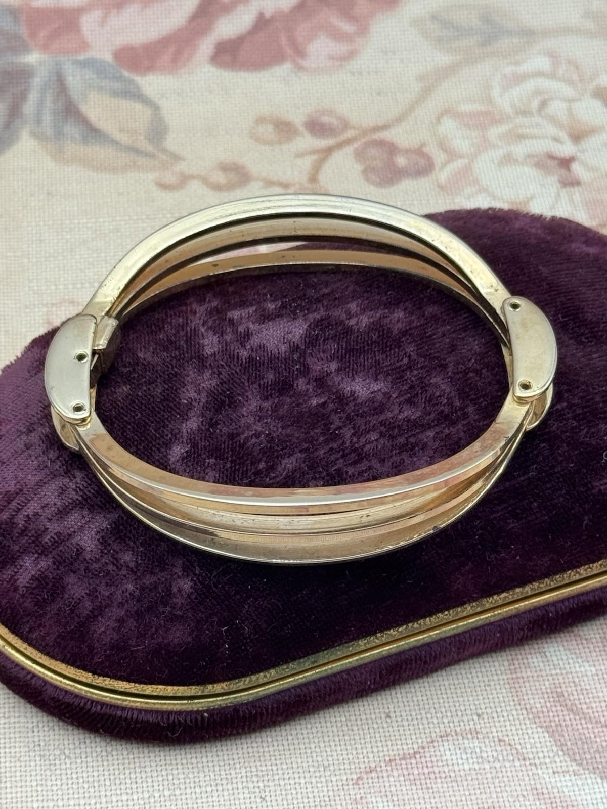 Vintage Goldtone Bracelet Hinged 6.5” Triple Band Mid Century Modern