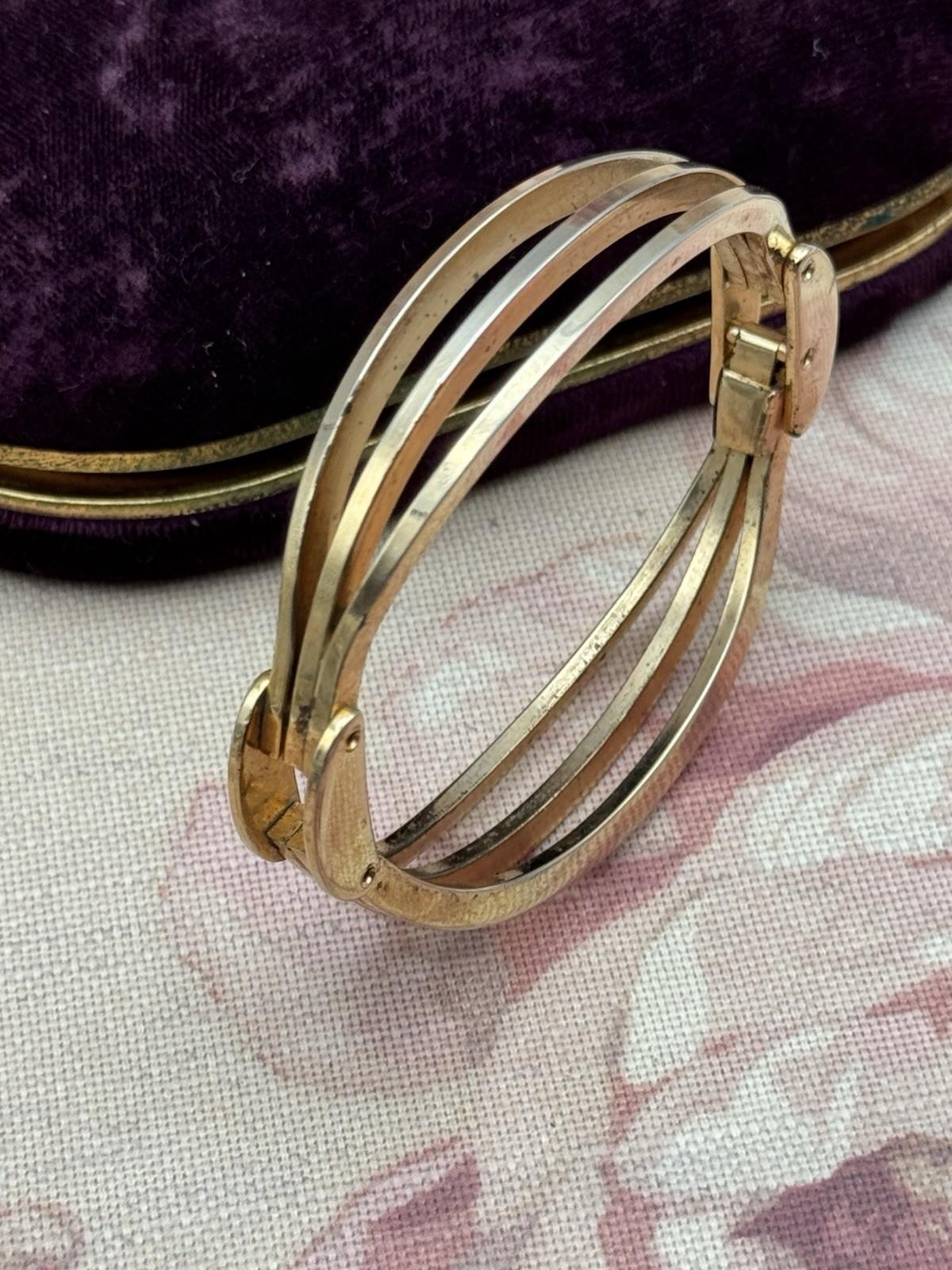 Vintage Goldtone Bracelet Hinged 6.5” Triple Band Mid Century Modern