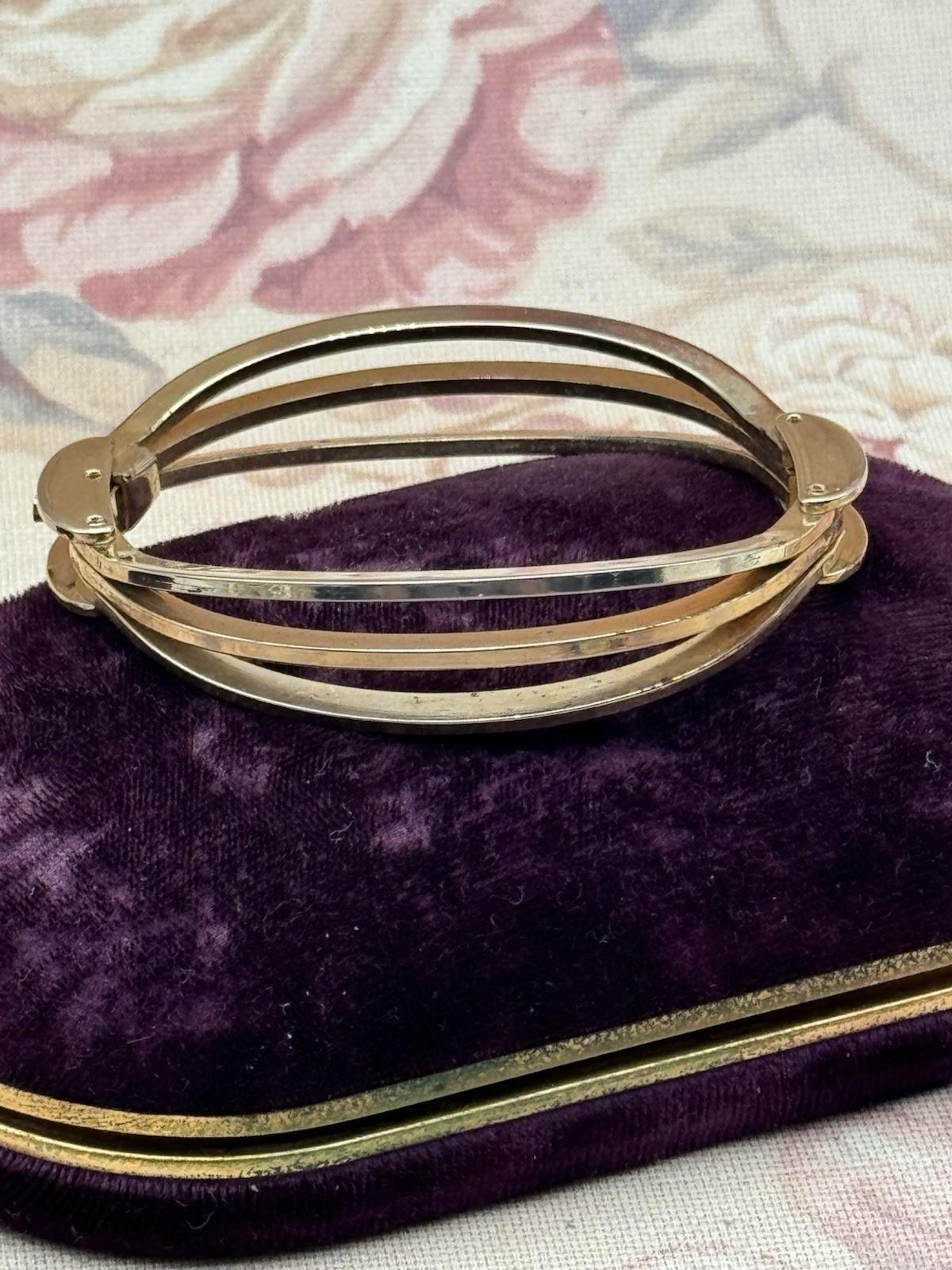Vintage Goldtone Bracelet Hinged 6.5” Triple Band Mid Century Modern