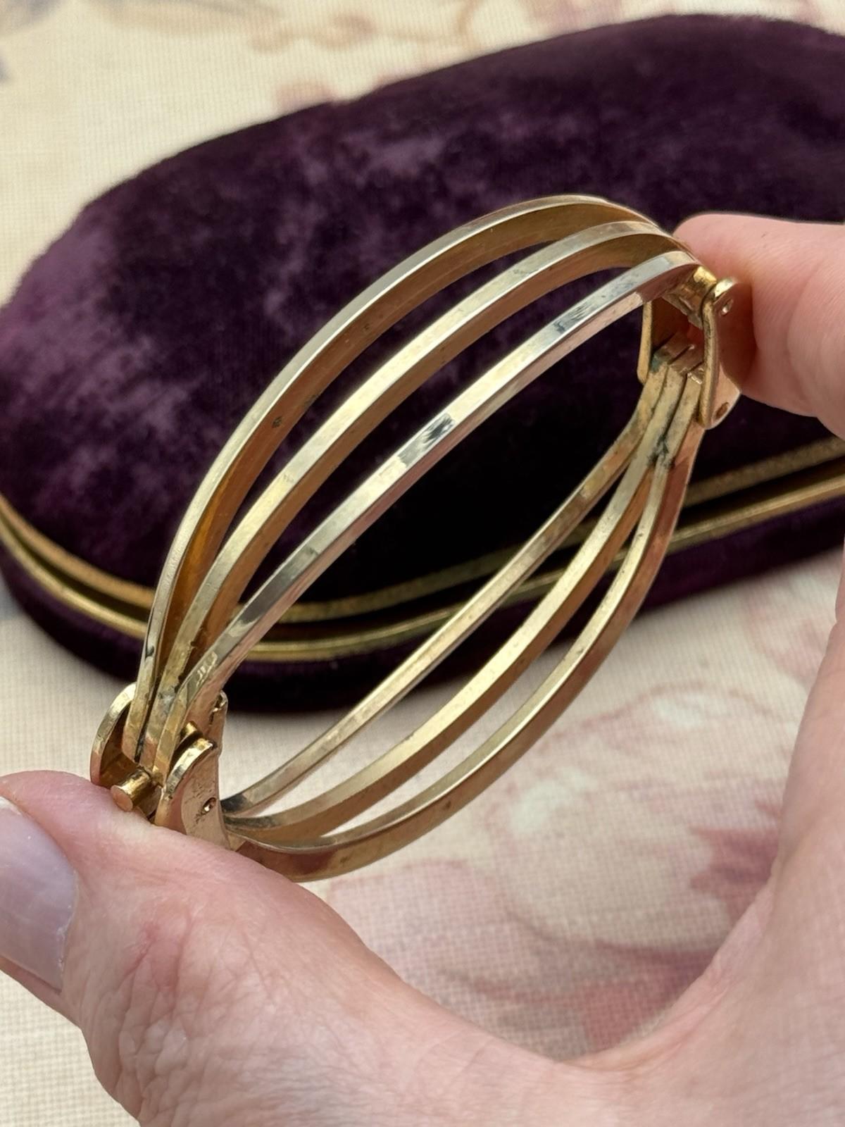 Vintage Goldtone Bracelet Hinged 6.5” Triple Band Mid Century Modern