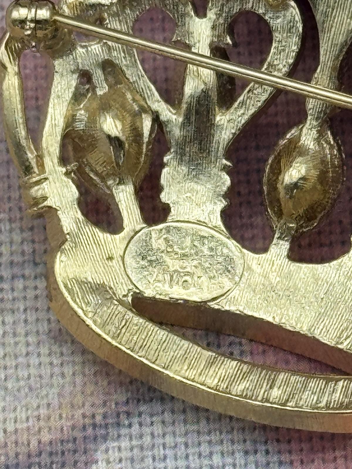 KJL for Avon Crown Brooch Goldtone Rhinestone Signed Vintage