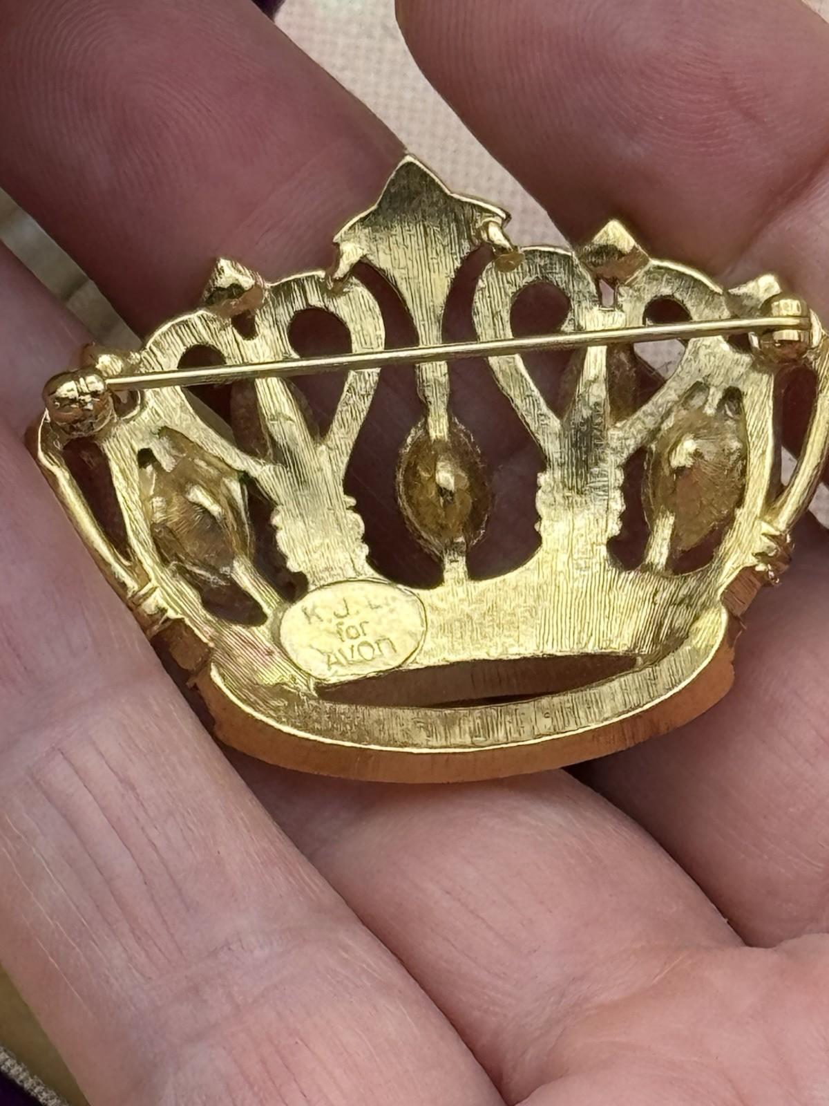 KJL for Avon Crown Brooch Goldtone Rhinestone Signed Vintage