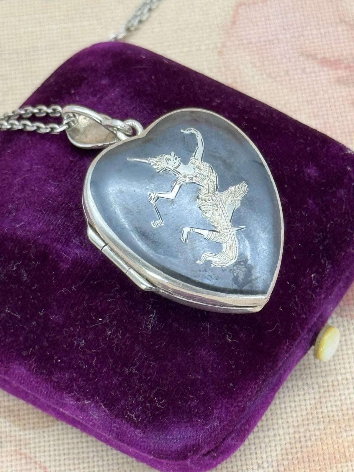 Sterling Siam Heart Locket Niello Vintage Thai Dancer Necklace 16” ESTATE FIND