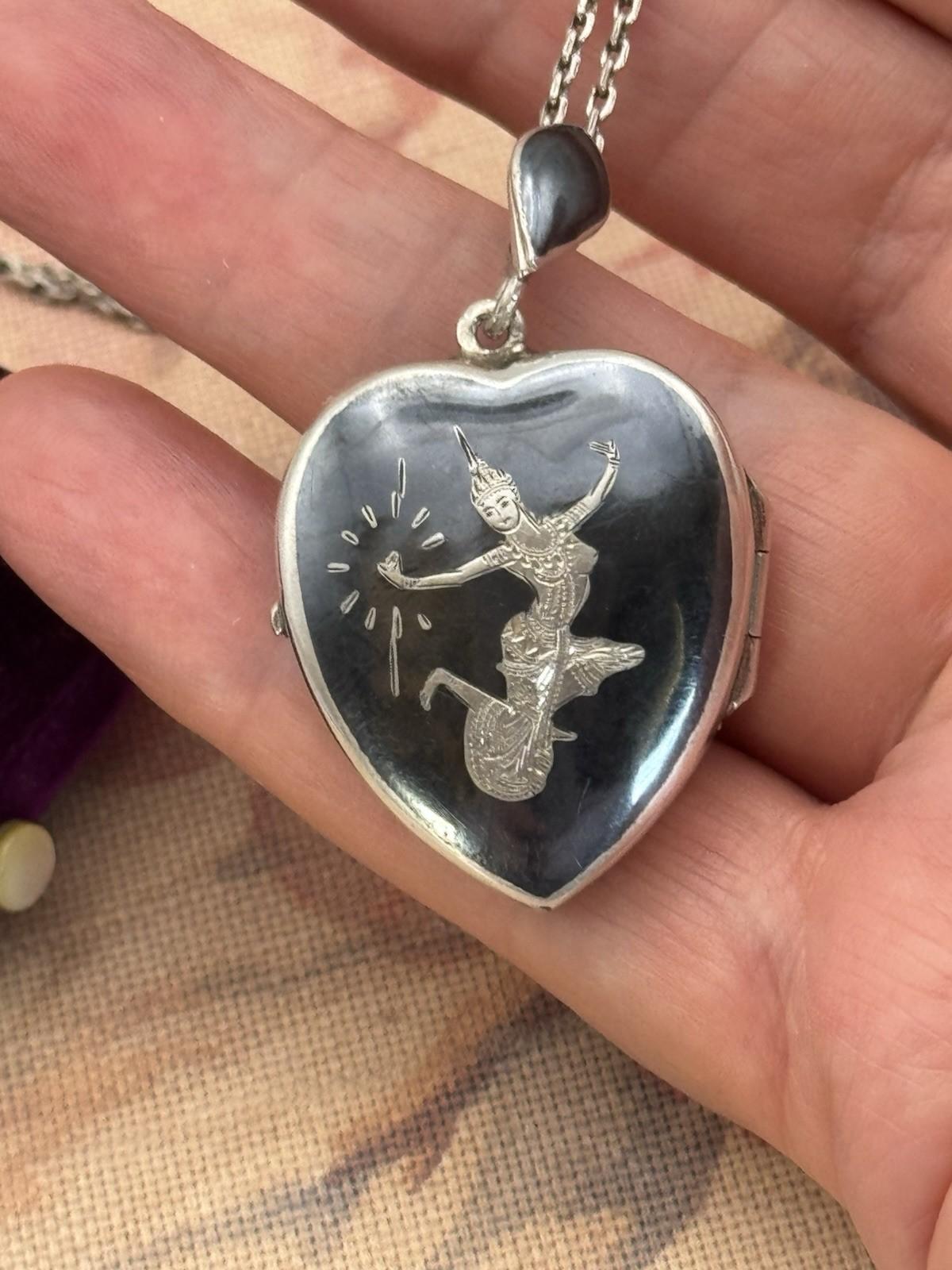 Sterling Siam Heart Locket Niello Vintage Thai Dancer Necklace 16” ESTATE FIND