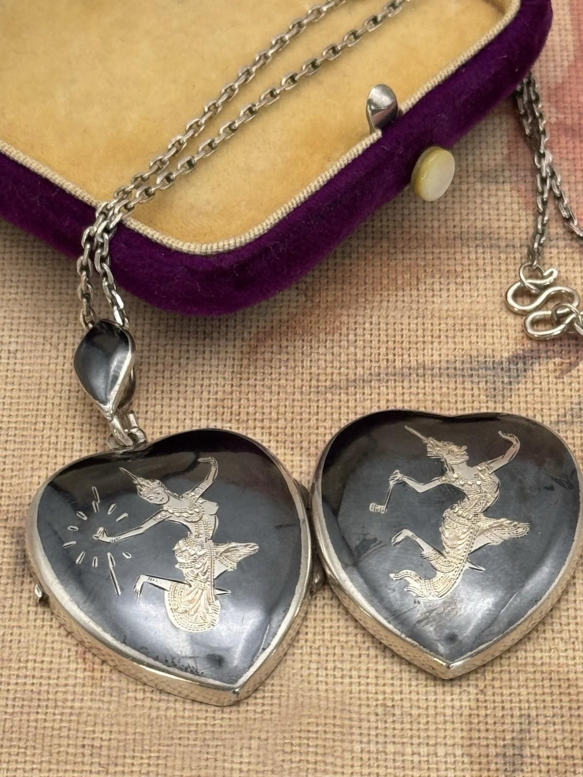 Sterling Siam Heart Locket Niello Vintage Thai Dancer Necklace 16” ESTATE FIND