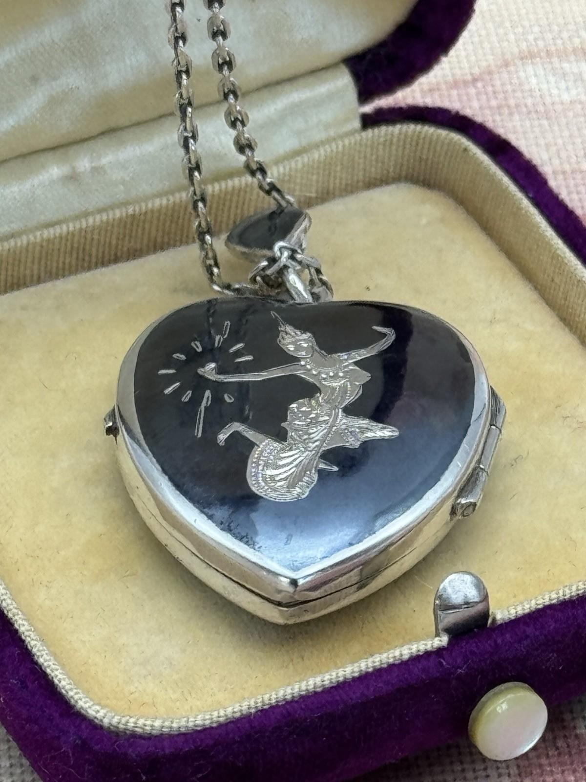 Sterling Siam Heart Locket Niello Vintage Thai Dancer Necklace 16” ESTATE FIND