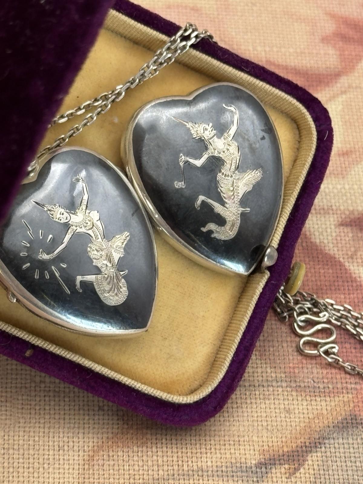 Sterling Siam Heart Locket Niello Vintage Thai Dancer Necklace 16” ESTATE FIND