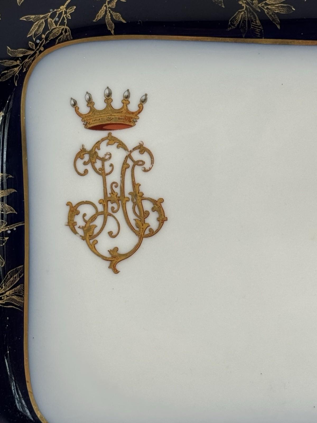 Antique Haviland Limoges Porcelain Tray Cobalt Blue Gold Gilt Crest 14”