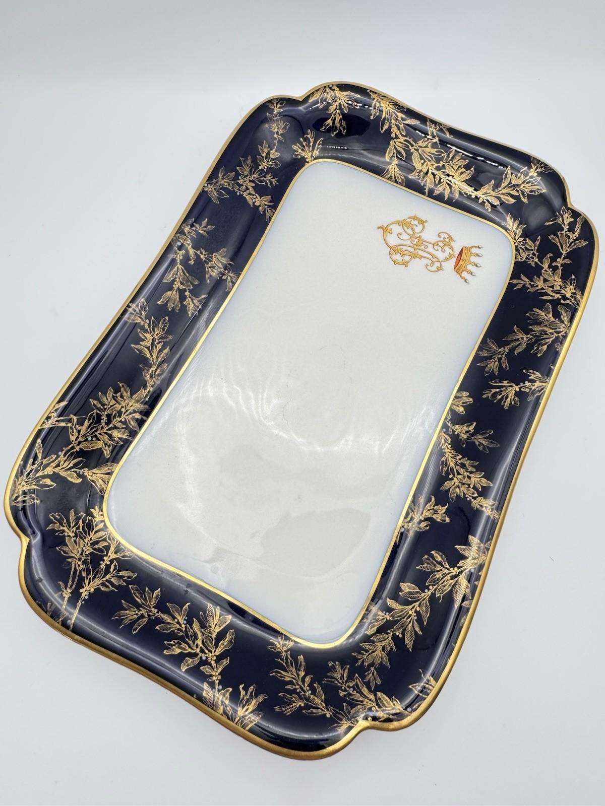 Antique Haviland Limoges Porcelain Tray Cobalt Blue Gold Gilt Crest 14”