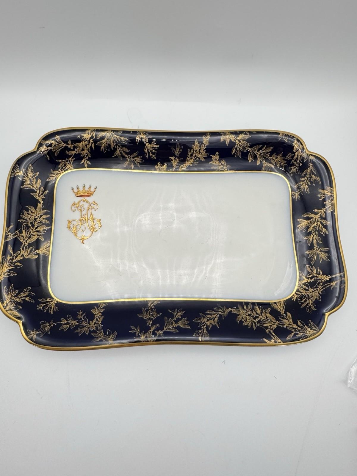 Antique Haviland Limoges Porcelain Tray Cobalt Blue Gold Gilt Crest 14”