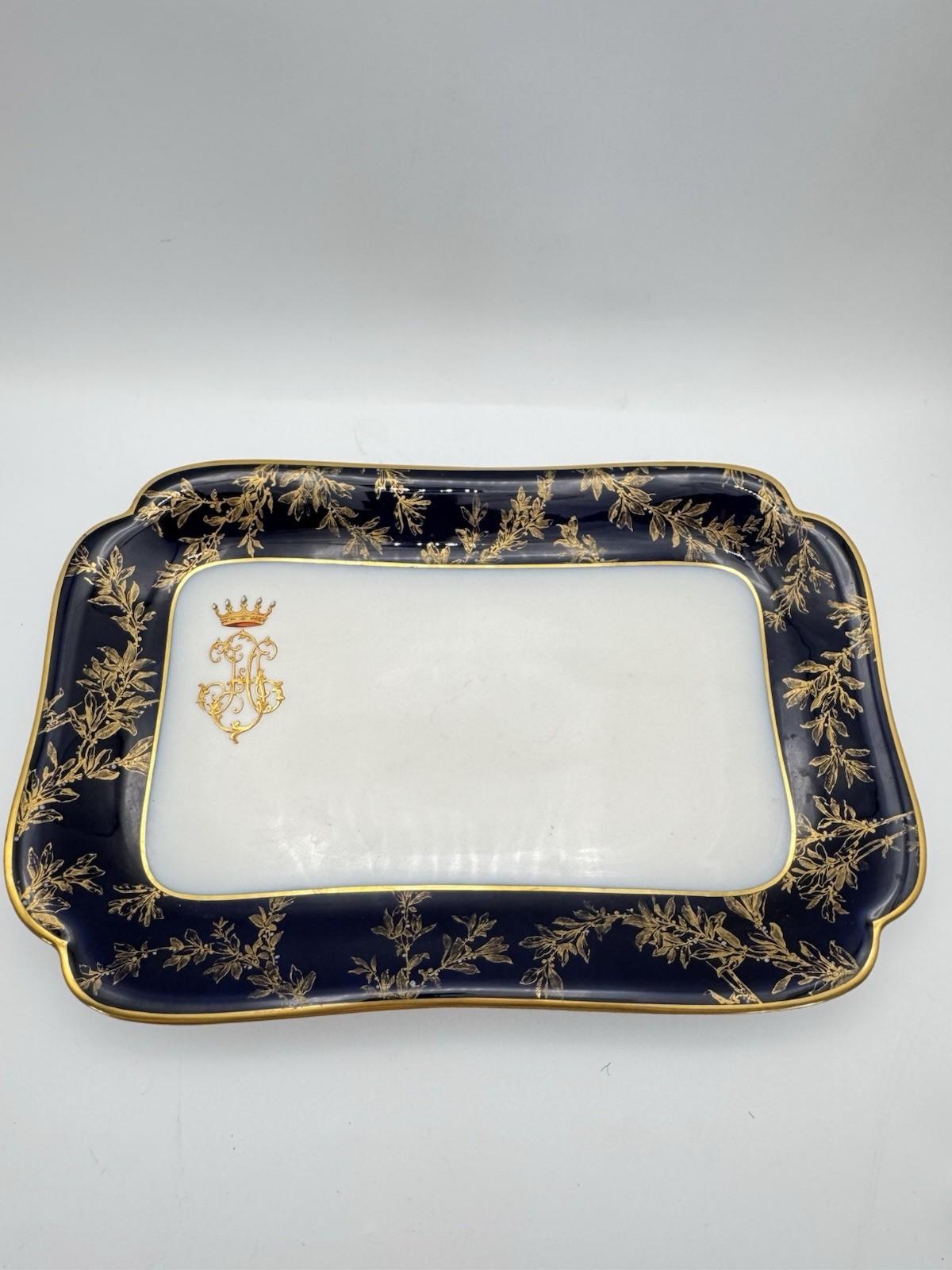 Antique Haviland Limoges Porcelain Tray Cobalt Blue Gold Gilt Crest 14”