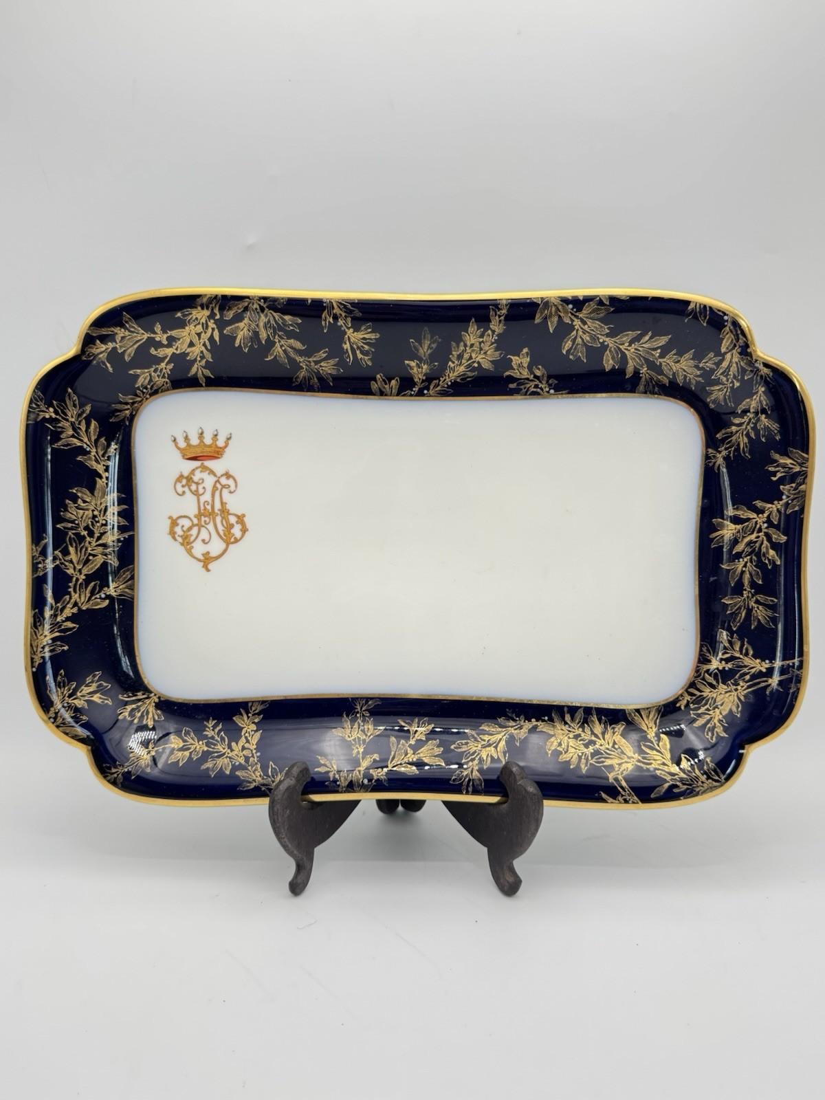 Antique Haviland Limoges Porcelain Tray Cobalt Blue Gold Gilt Crest 14”
