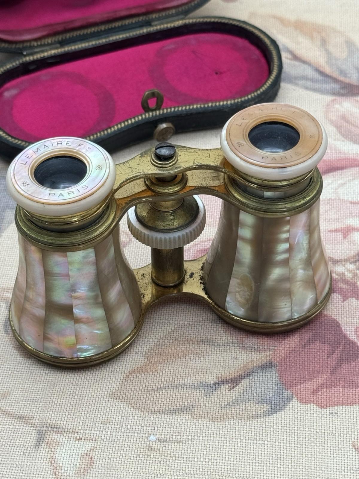 French Opera Glasses Antique Mother of Pearl Brass Lemaire Paris Case Pink Liner