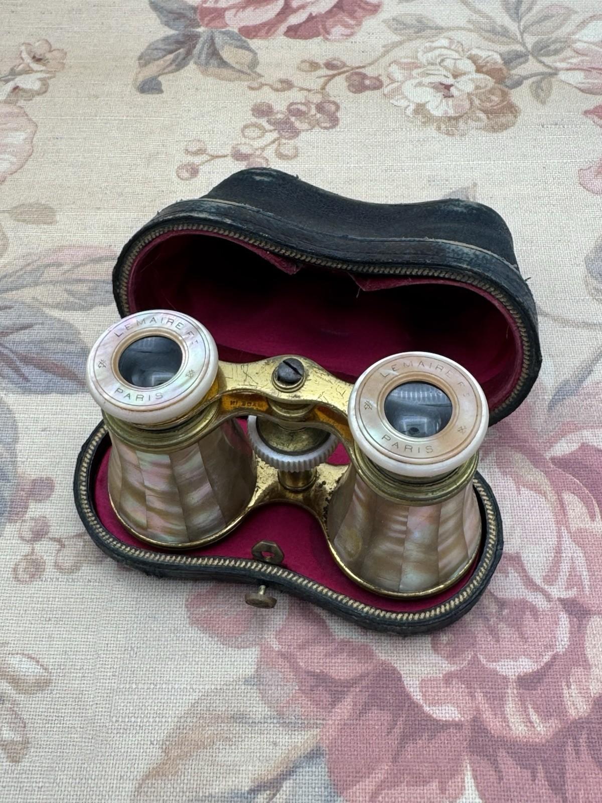 French Opera Glasses Antique Mother of Pearl Brass Lemaire Paris Case Pink Liner