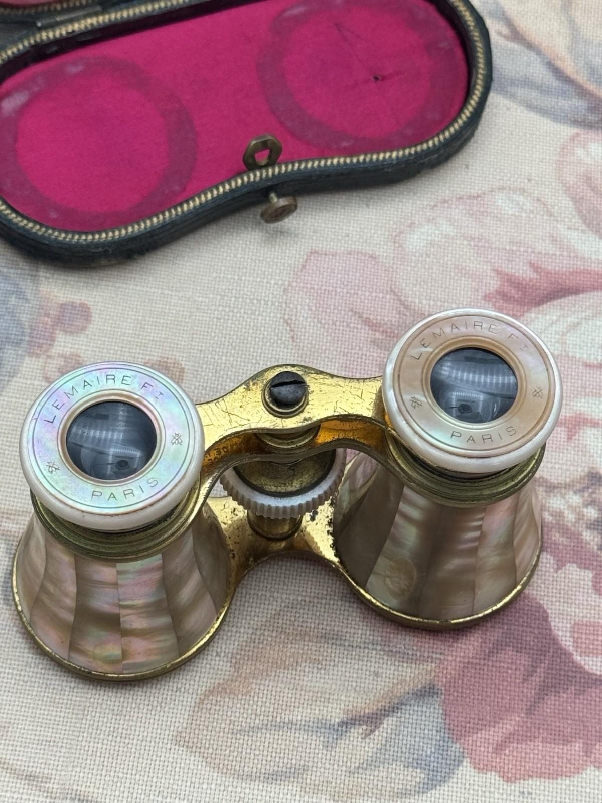 French Opera Glasses Antique Mother of Pearl Brass Lemaire Paris Case Pink Liner