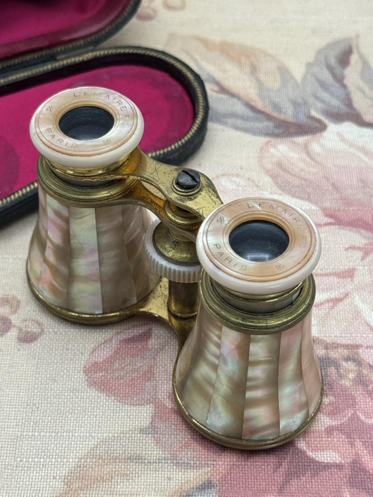 French Opera Glasses Antique Mother of Pearl Brass Lemaire Paris Case Pink Liner
