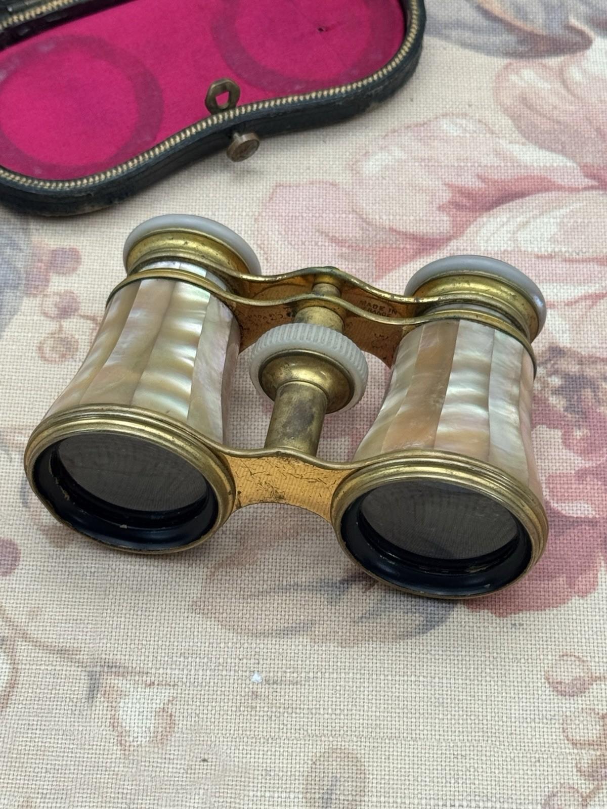 French Opera Glasses Antique Mother of Pearl Brass Lemaire Paris Case Pink Liner