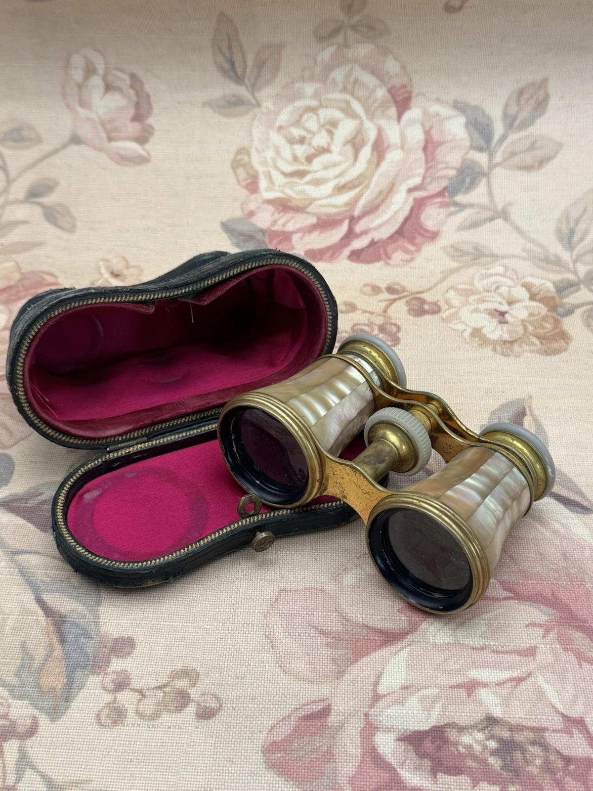 French Opera Glasses Antique Mother of Pearl Brass Lemaire Paris Case Pink Liner