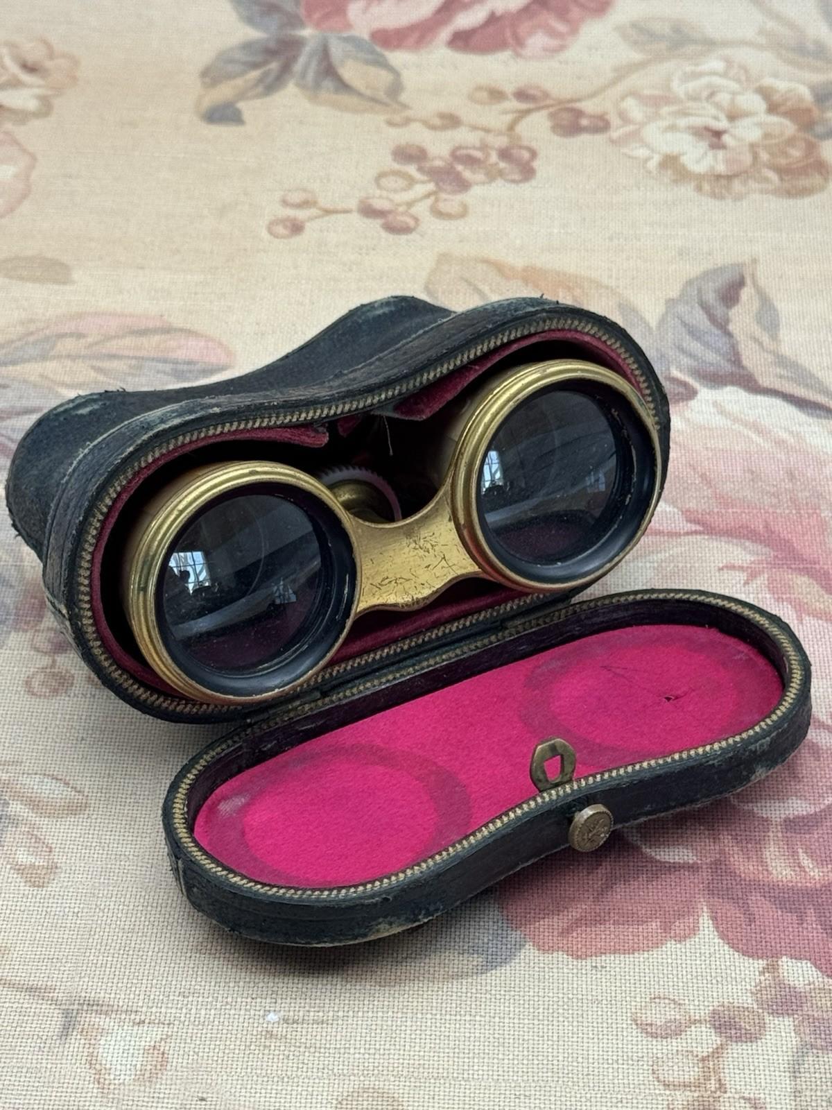 French Opera Glasses Antique Mother of Pearl Brass Lemaire Paris Case Pink Liner