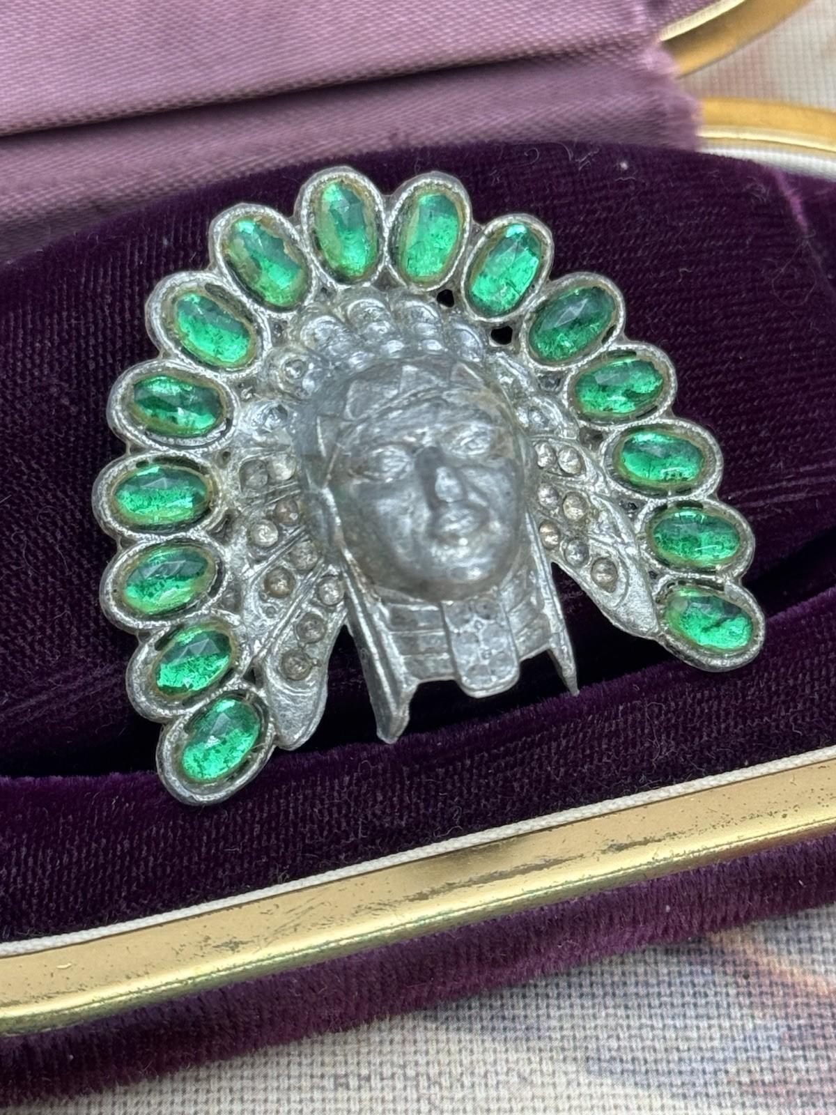 Pot Metal Brooch Headdress Green Glass Stones 1.75” by 1.5” RARE Antique