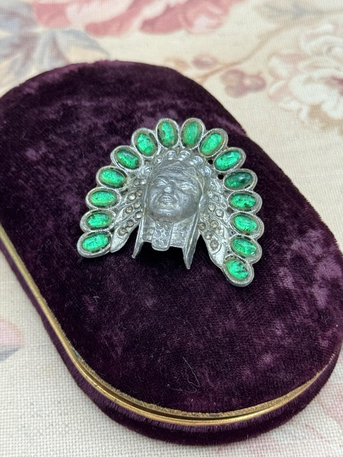 Pot Metal Brooch Headdress Green Glass Stones 1.75” by 1.5” RARE Antique