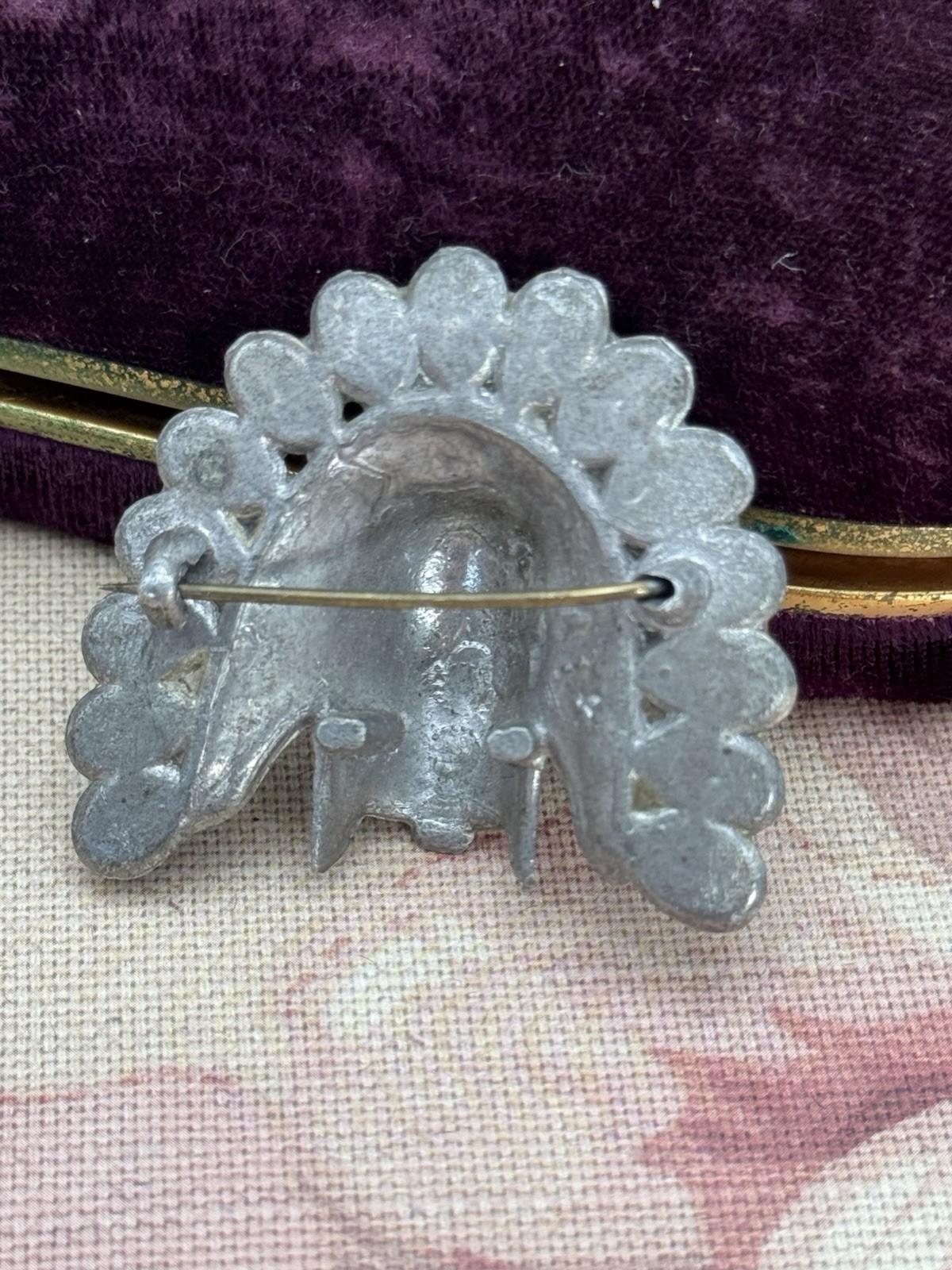 Pot Metal Brooch Headdress Green Glass Stones 1.75” by 1.5” RARE Antique
