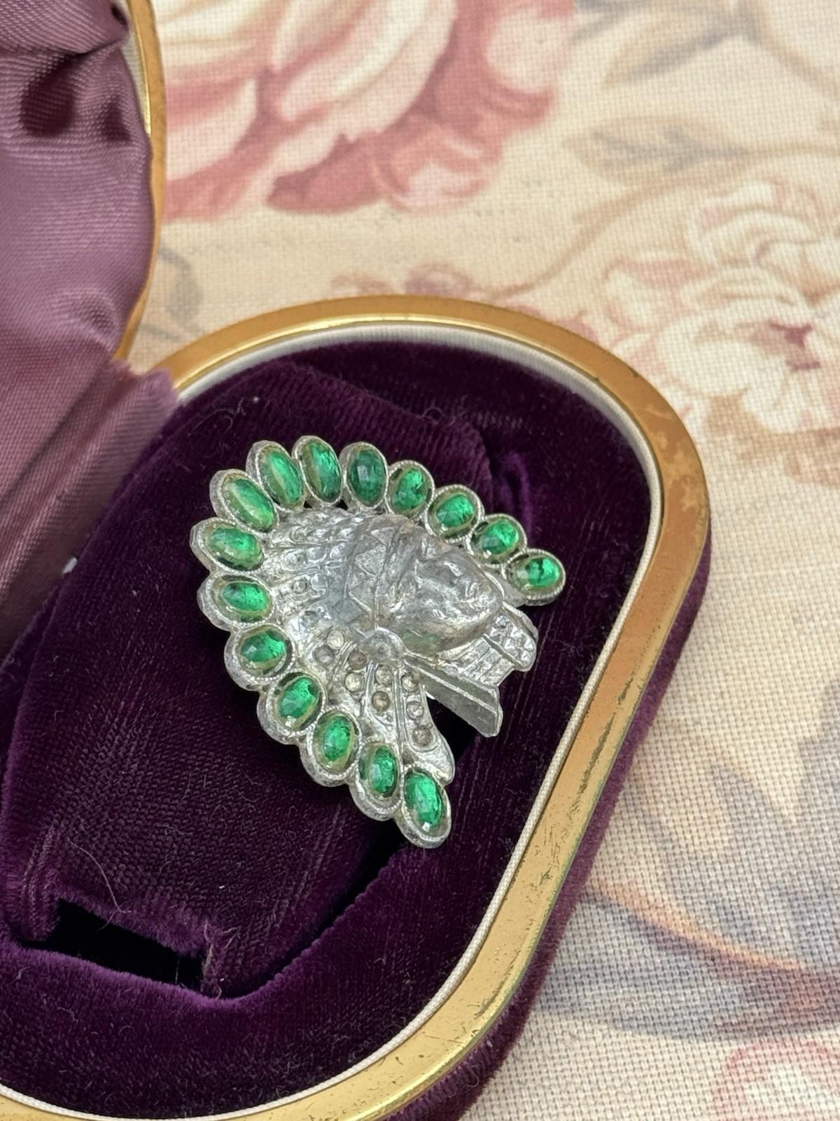 Pot Metal Brooch Headdress Green Glass Stones 1.75” by 1.5” RARE Antique
