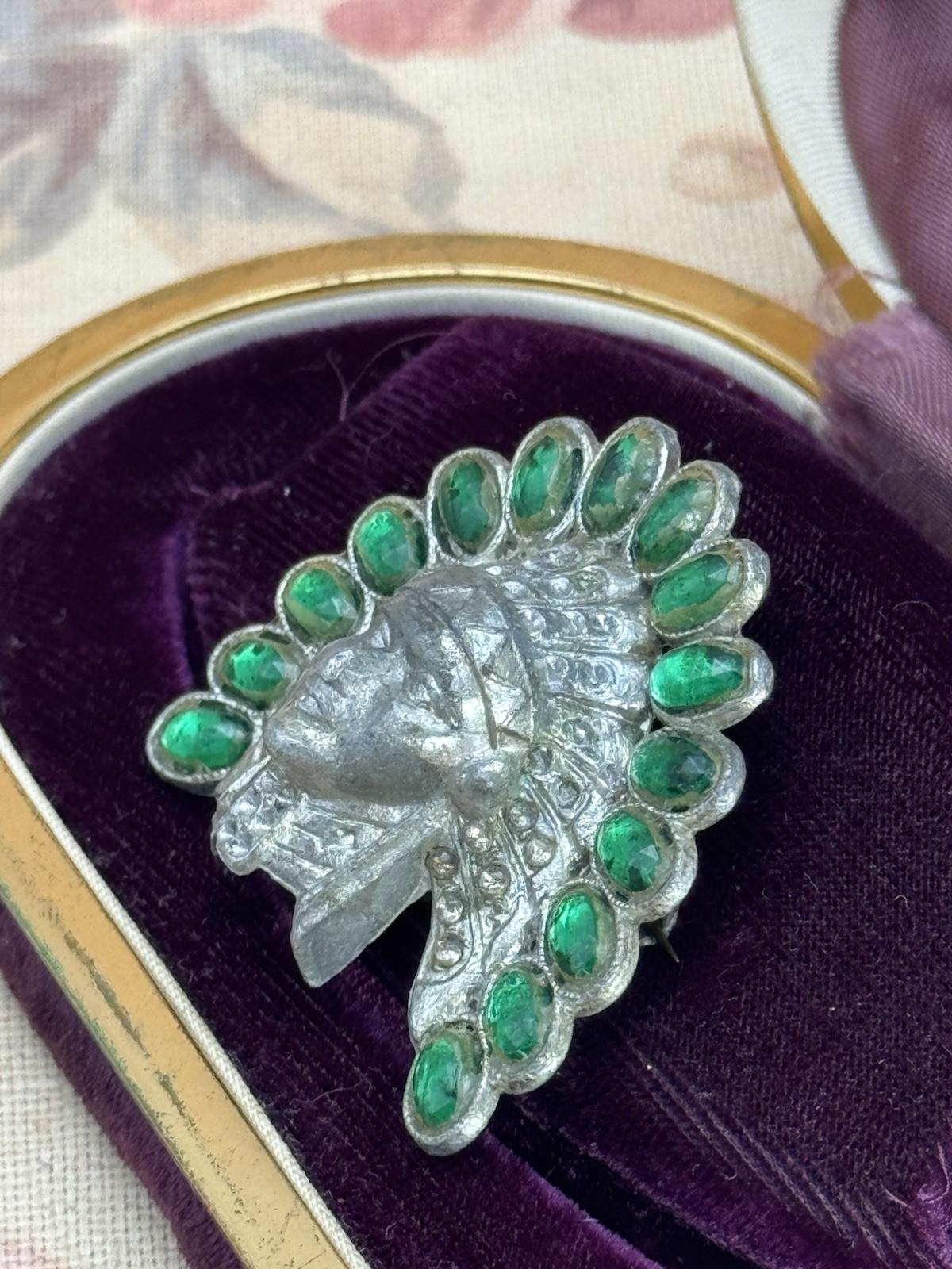 Pot Metal Brooch Headdress Green Glass Stones 1.75” by 1.5” RARE Antique