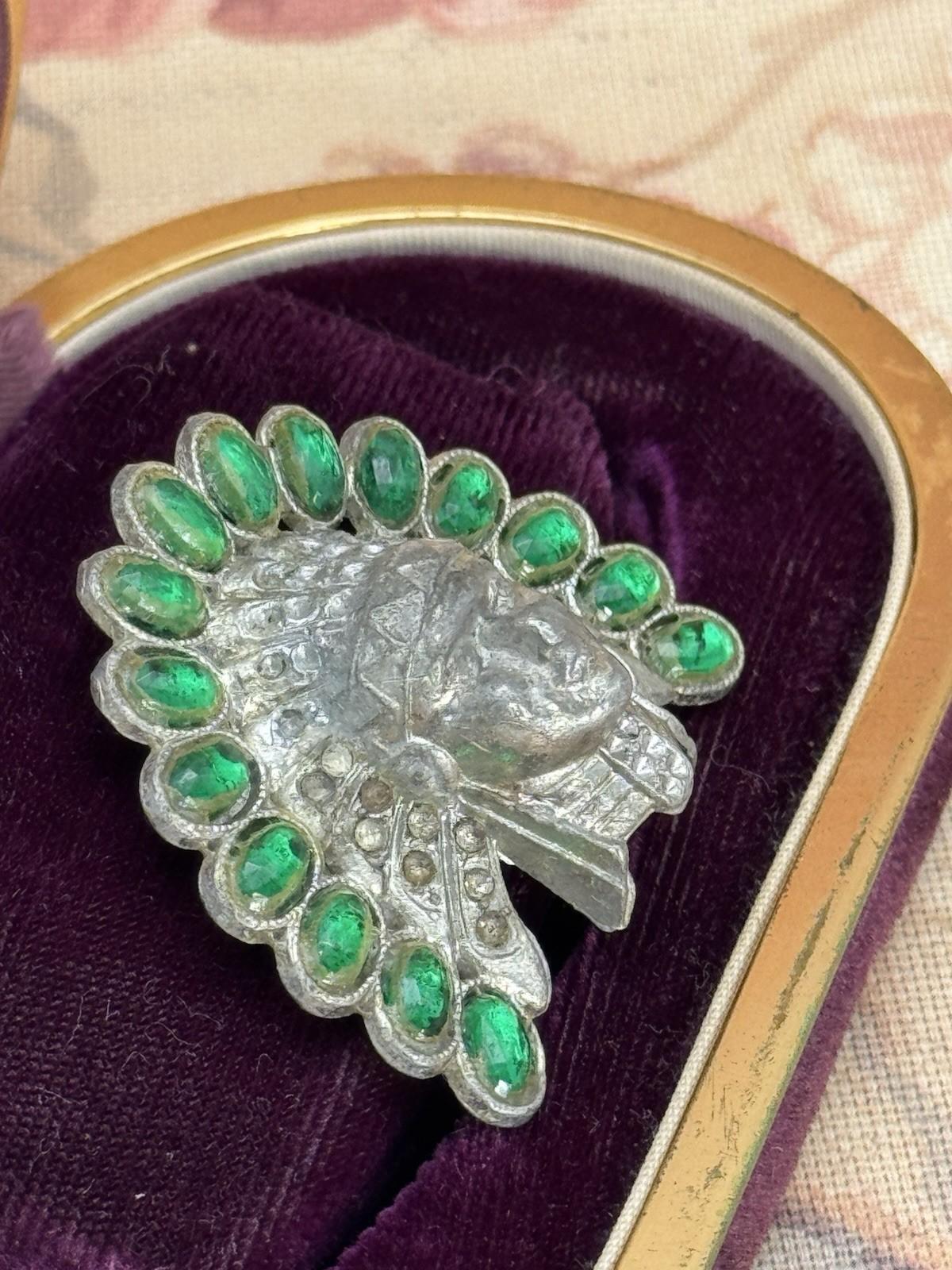 Pot Metal Brooch Headdress Green Glass Stones 1.75” by 1.5” RARE Antique