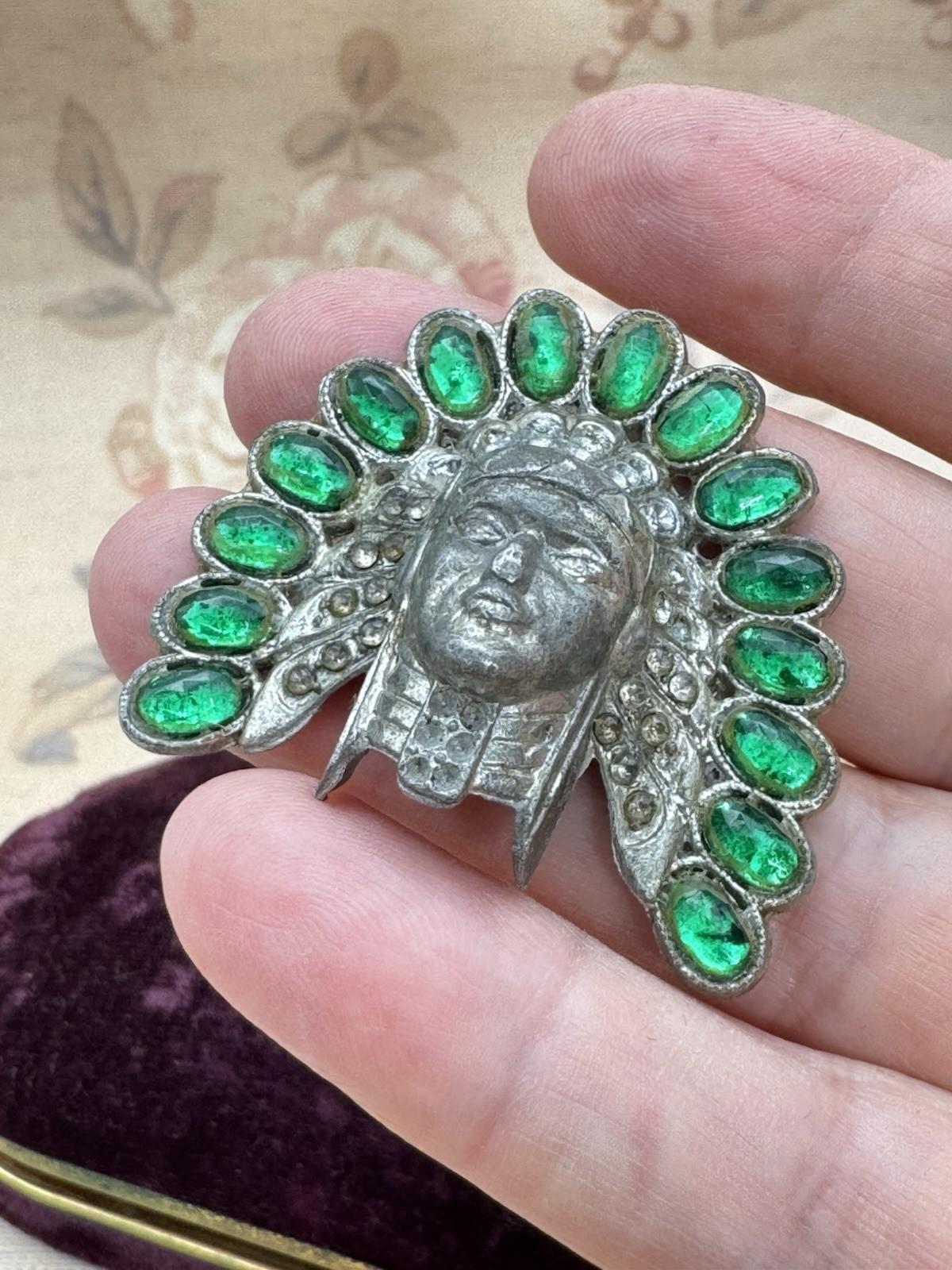 Pot Metal Brooch Headdress Green Glass Stones 1.75” by 1.5” RARE Antique