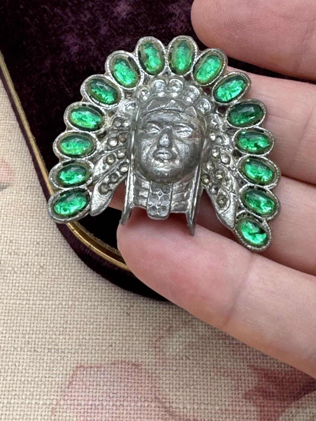 Pot Metal Brooch Headdress Green Glass Stones 1.75” by 1.5” RARE Antique