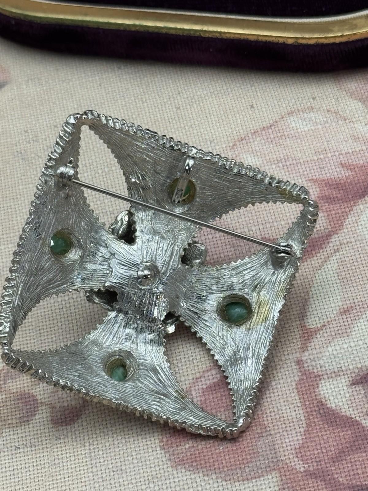 Maltese Cross Brooch Pendant Silvertone Green Cabochons 2” x 2” VINTAGE
