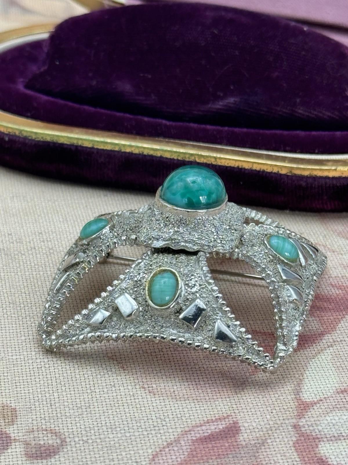 Maltese Cross Brooch Pendant Silvertone Green Cabochons 2” x 2” VINTAGE