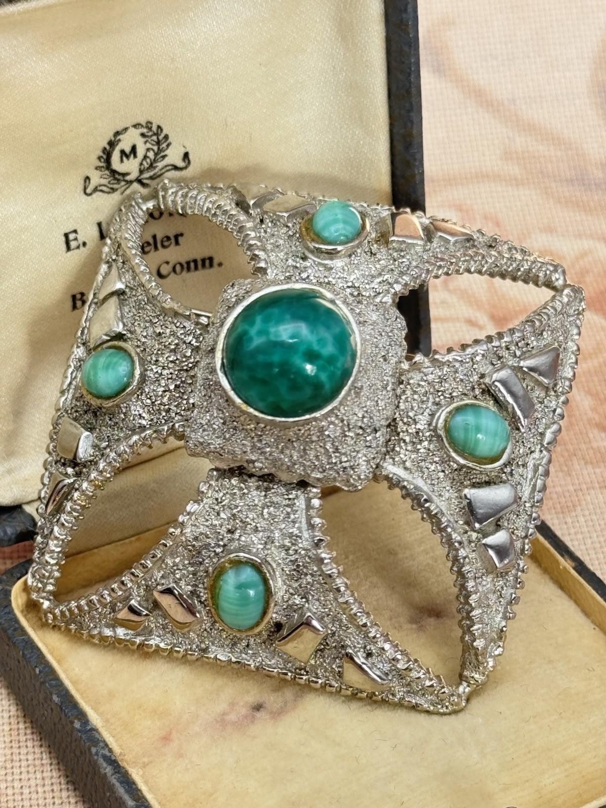 Maltese Cross Brooch Pendant Silvertone Green Cabochons 2” x 2” VINTAGE