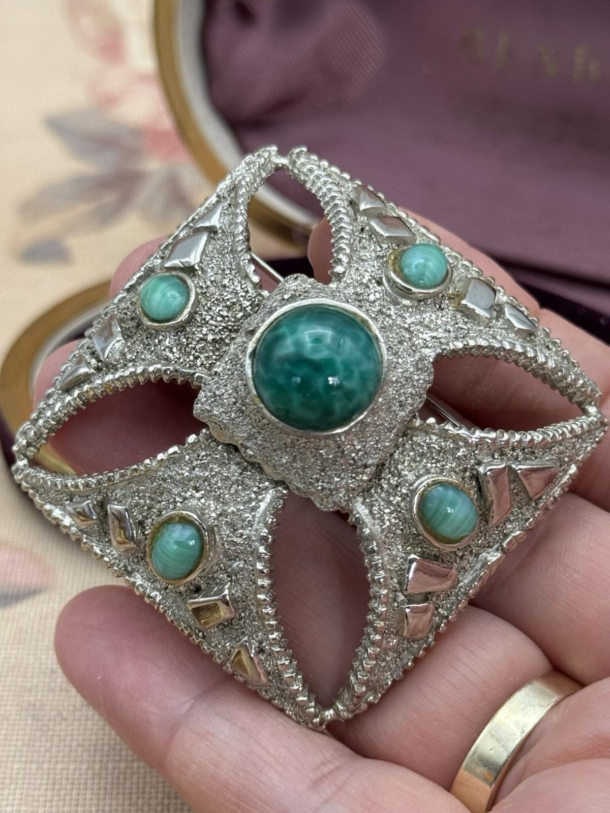 Maltese Cross Brooch Pendant Silvertone Green Cabochons 2” x 2” VINTAGE