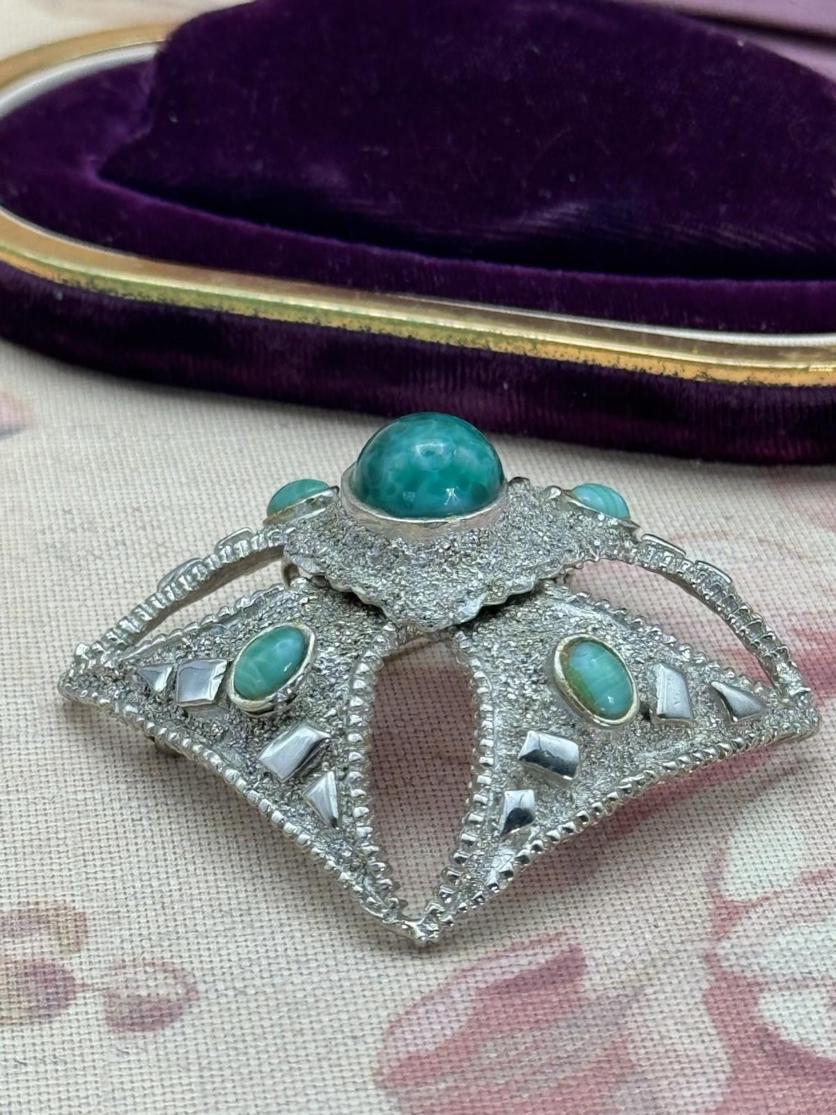 Maltese Cross Brooch Pendant Silvertone Green Cabochons 2” x 2” VINTAGE