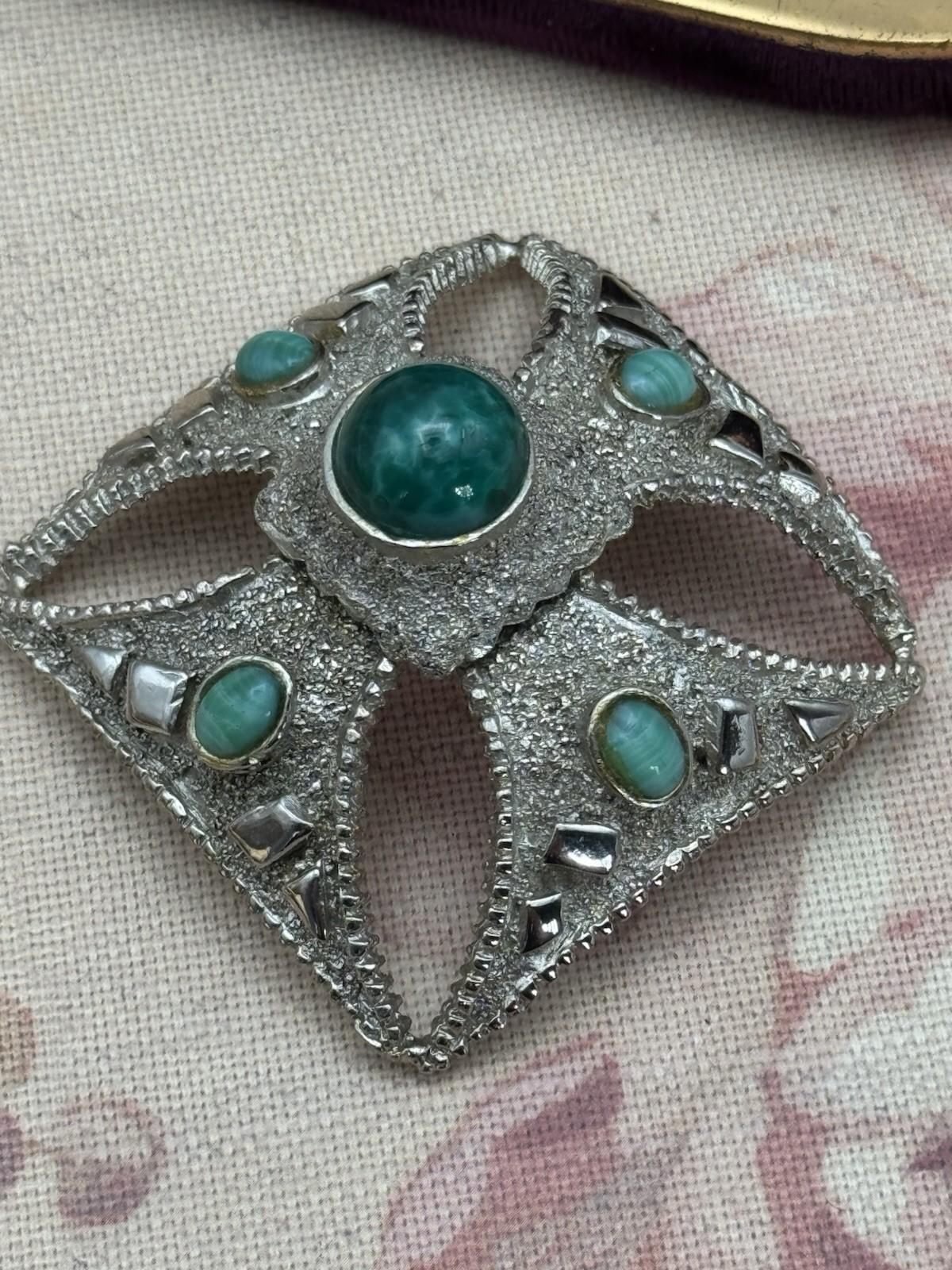 Maltese Cross Brooch Pendant Silvertone Green Cabochons 2” x 2” VINTAGE
