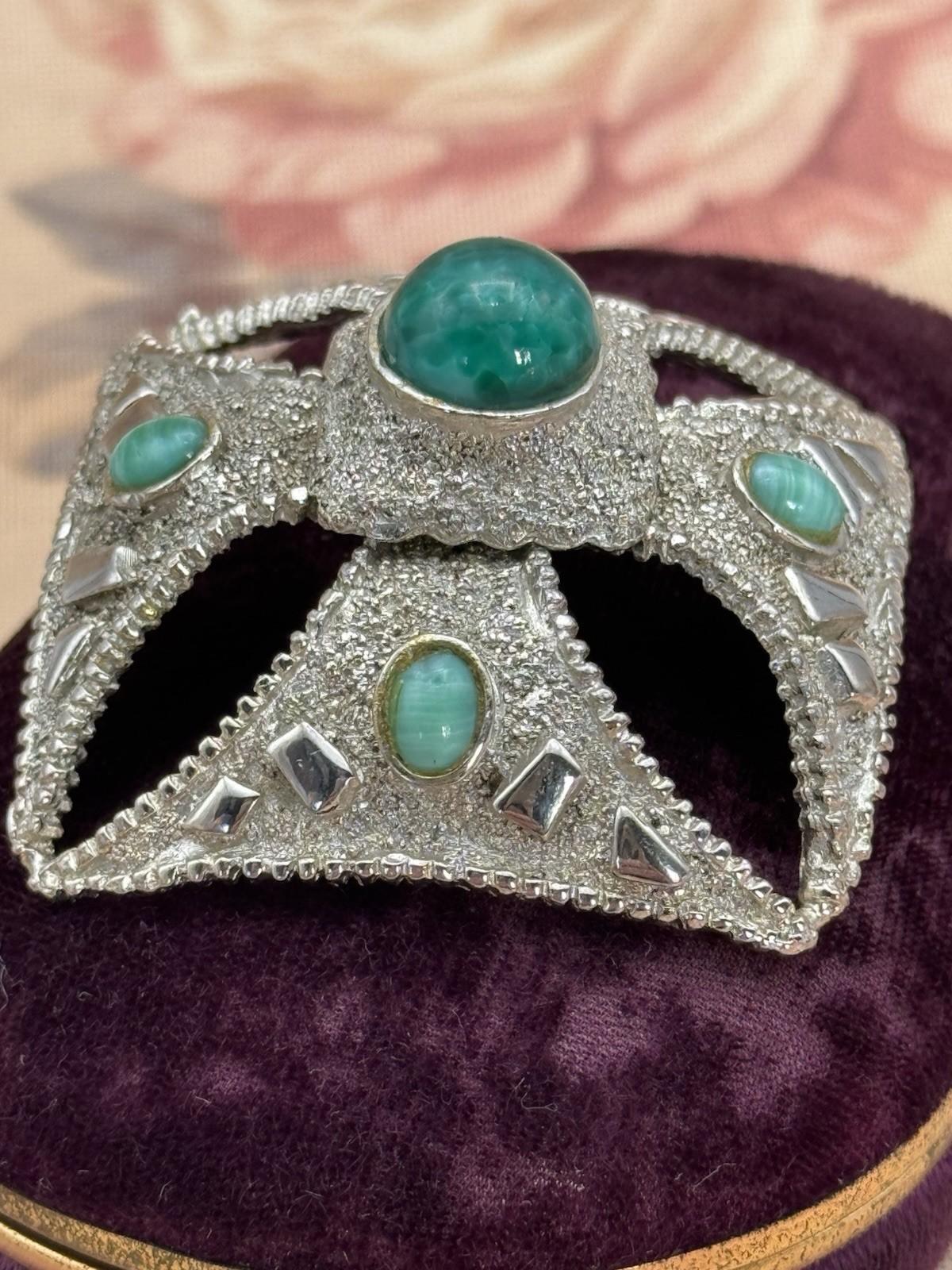 Maltese Cross Brooch Pendant Silvertone Green Cabochons 2” x 2” VINTAGE