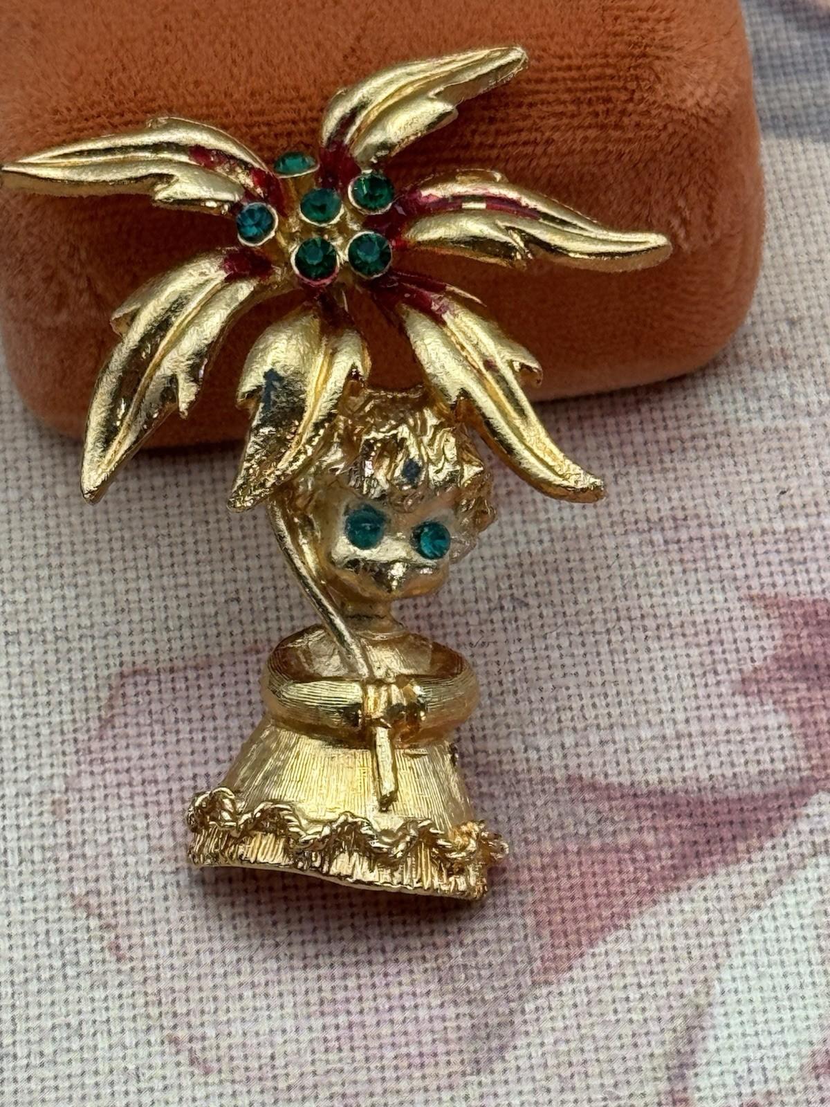 Vintage Mylu Brooch Angel with Poinsettia Goldtone Green Rhinestones Holiday 2”