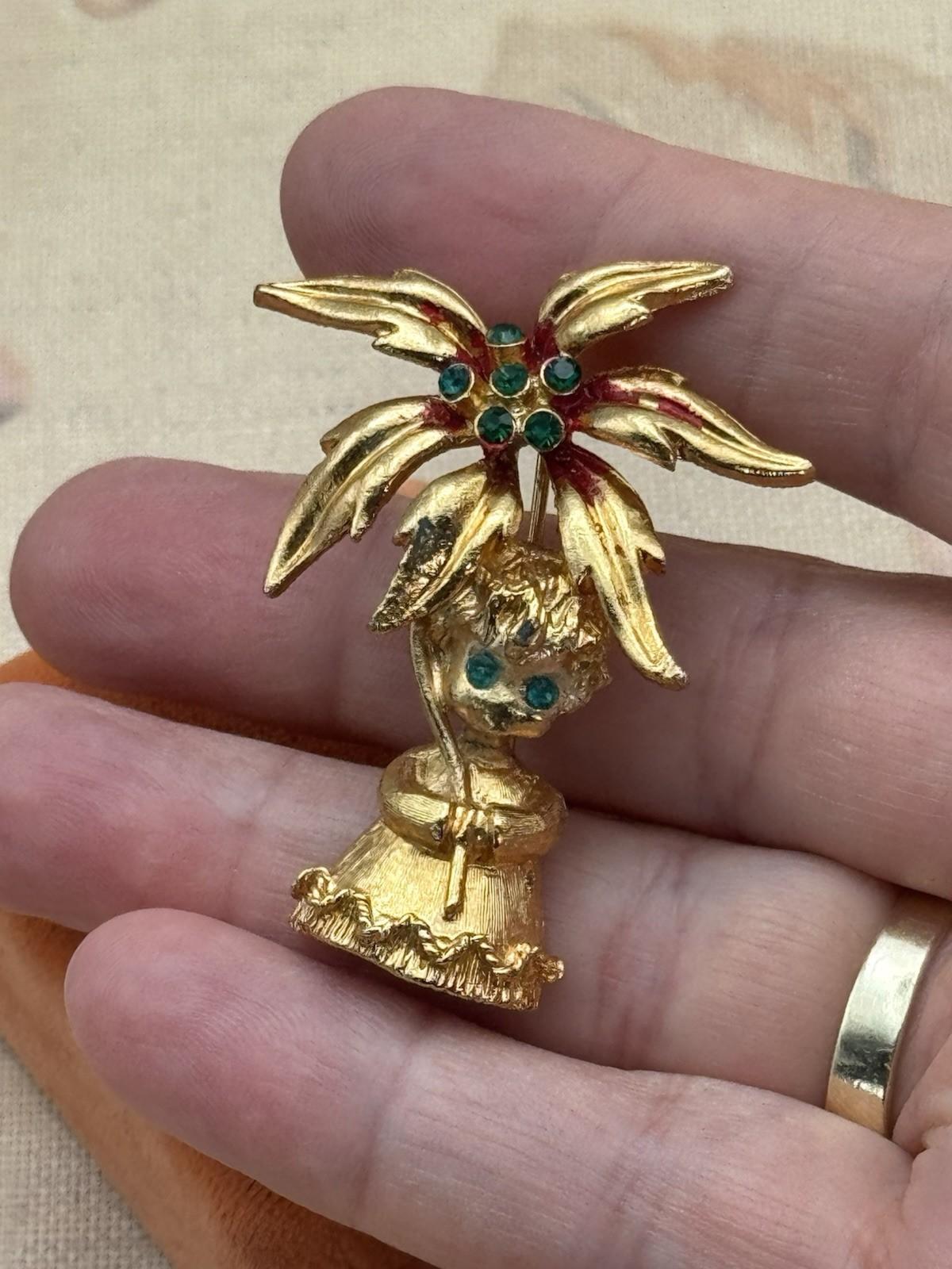 Vintage Mylu Brooch Angel with Poinsettia Goldtone Green Rhinestones Holiday 2”