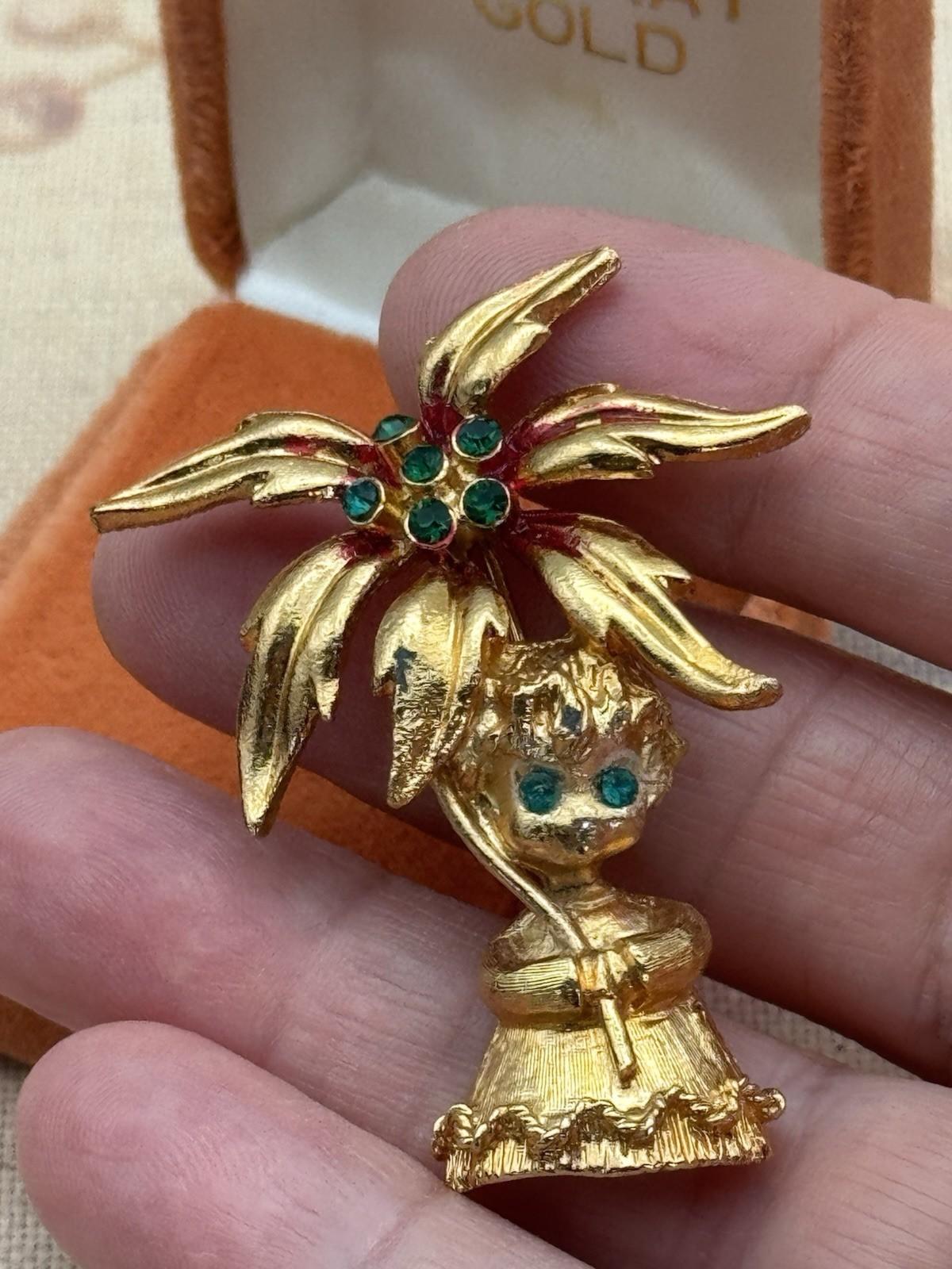 Vintage Mylu Brooch Angel with Poinsettia Goldtone Green Rhinestones Holiday 2”