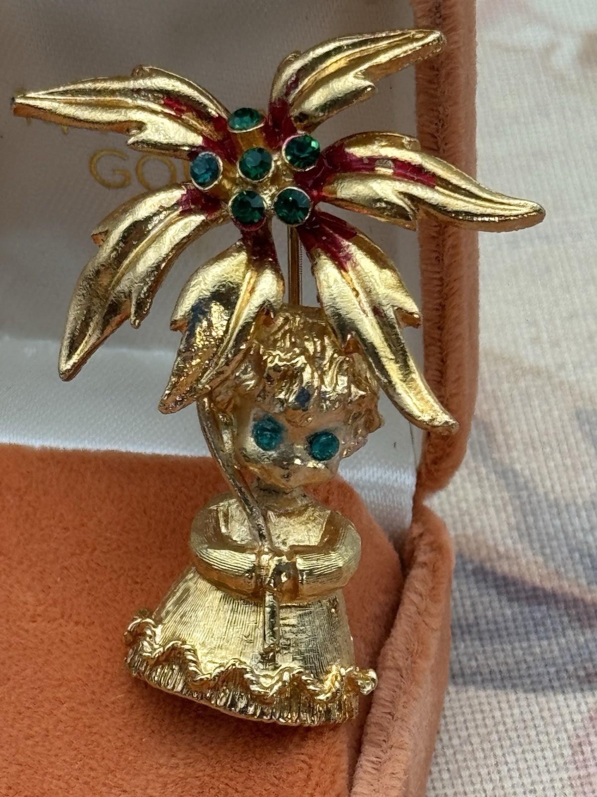 Vintage Mylu Brooch Angel with Poinsettia Goldtone Green Rhinestones Holiday 2”