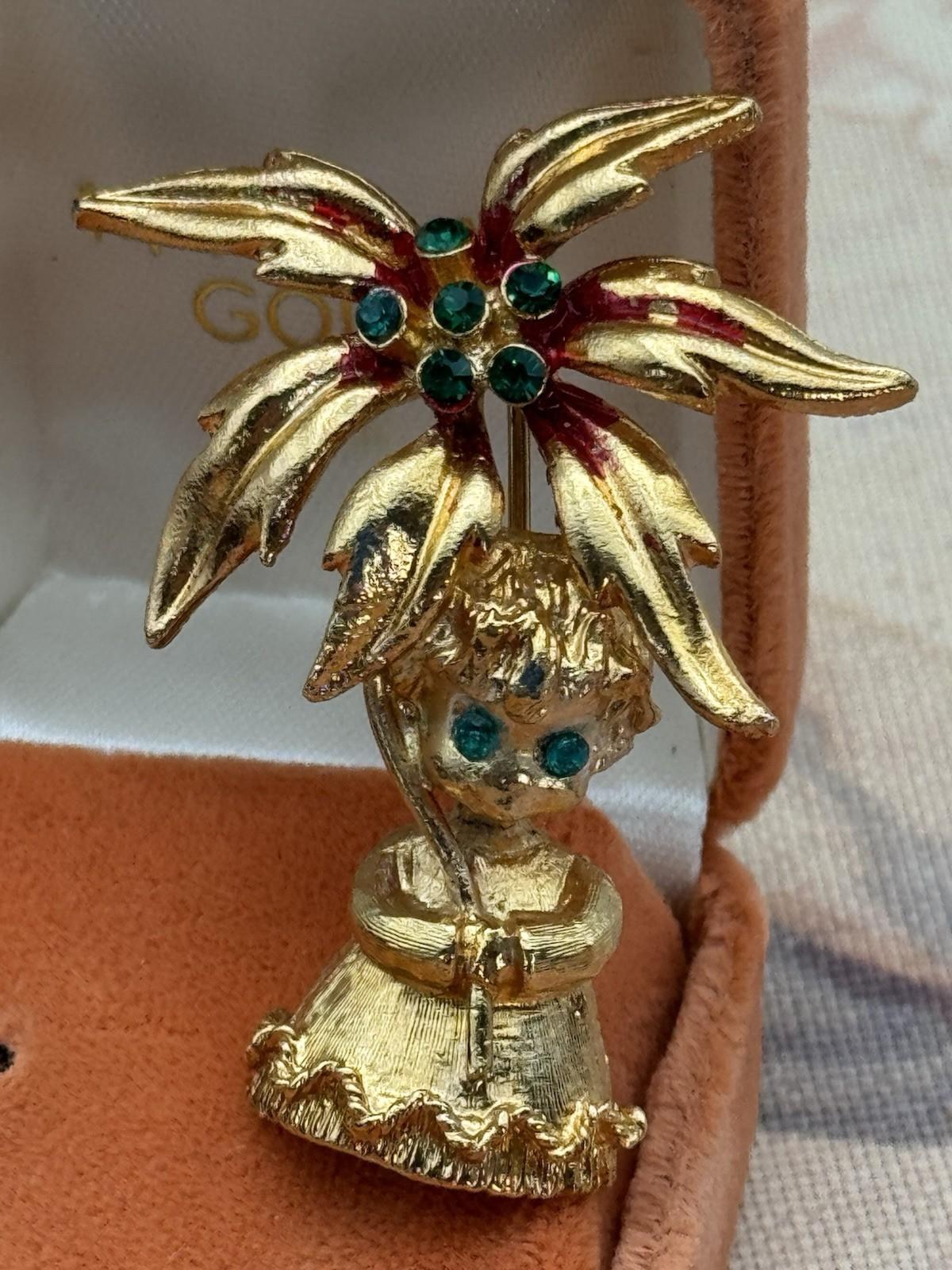 Vintage Mylu Brooch Angel with Poinsettia Goldtone Green Rhinestones Holiday 2”