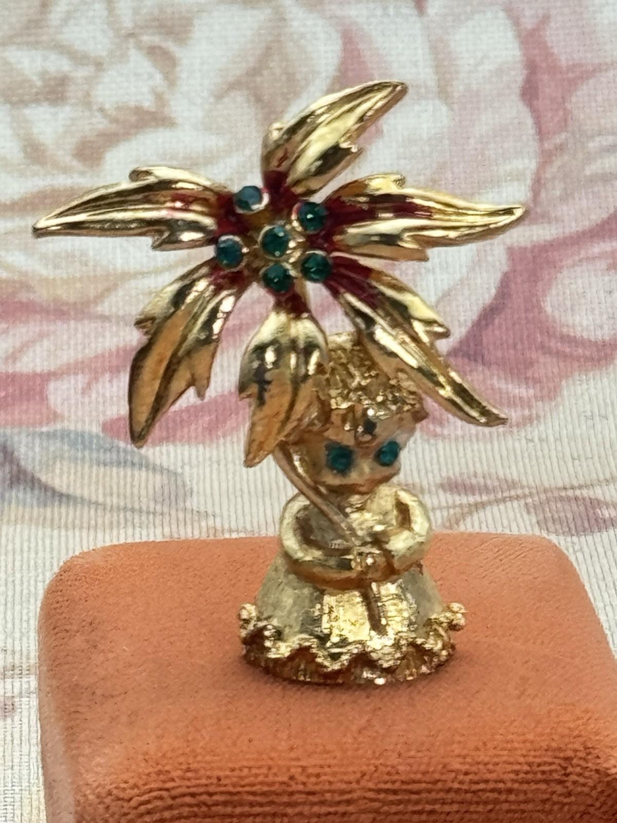 Vintage Mylu Brooch Angel with Poinsettia Goldtone Green Rhinestones Holiday 2”