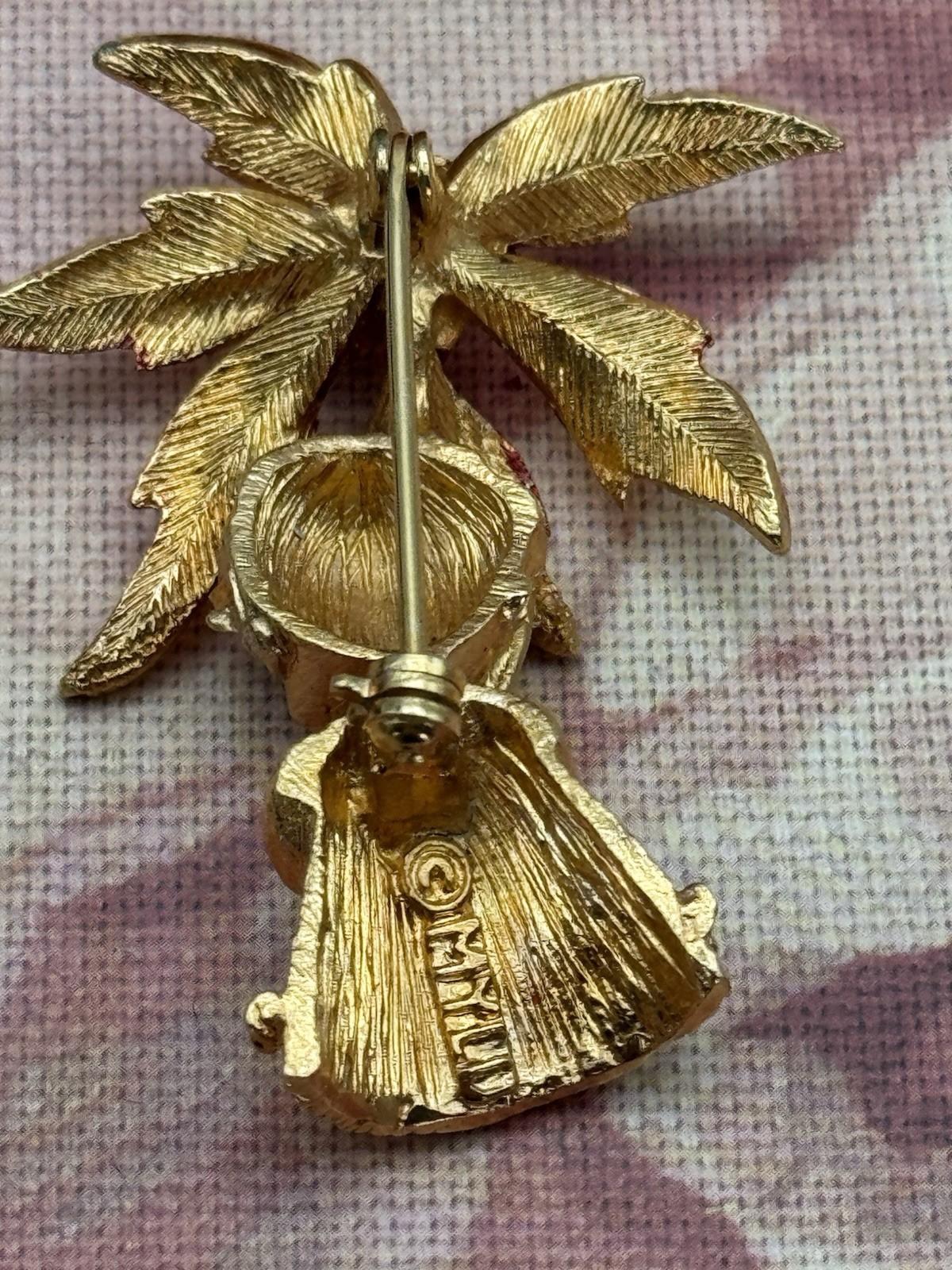 Vintage Mylu Brooch Angel with Poinsettia Goldtone Green Rhinestones Holiday 2”