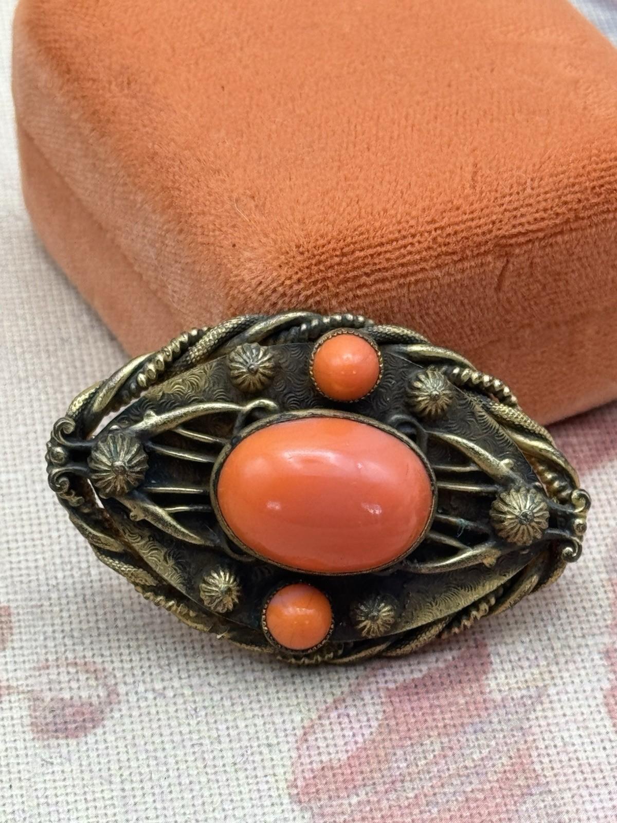 Vintage Brooch Orange Glass Cabochon Goldtone Rope Twist Frame 1930s